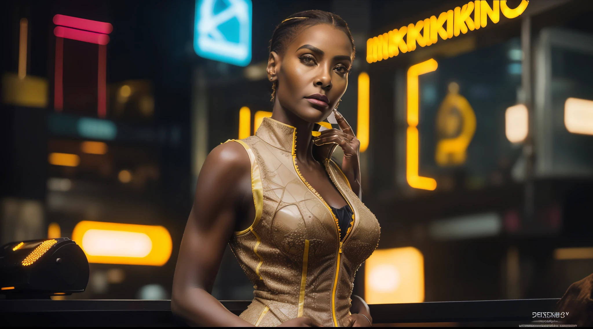 (8k, ARTISTIC photography, best quality, masterpiece: 1.2), (realistic, photorealistic: 1.37), (((Jada Kingdom))) over-detailed, (high-detail skin: 1.2), 8k uhd, SLR camera, soft lighting, high quality, film grain, Arri Alexa, cinematic lighting, photonic display, brightness, physically rendered photo, Denis Villeneuve's Neuromancer, (80s style elegant Female villain in a nightclub), cute face, ( red neon sign background lights) ((no smile)), over-detailed face, (((African )) (((Jada Kingdom))), cybernetics (( dressed futuristic Gortex tatcical vest)), ((( yellow clothes )), ((( intricate outfits))), posing, a nightclub with neon lights, dark nightclub, smoking (((pure 8K))), (((perfect anatomy))), extremely high-quality graphics, Riddley Scott, Blade Runner, Denis Villeneuve cinematography (((cinematic lighting))), ((clear details)), complex, highly detailed background,