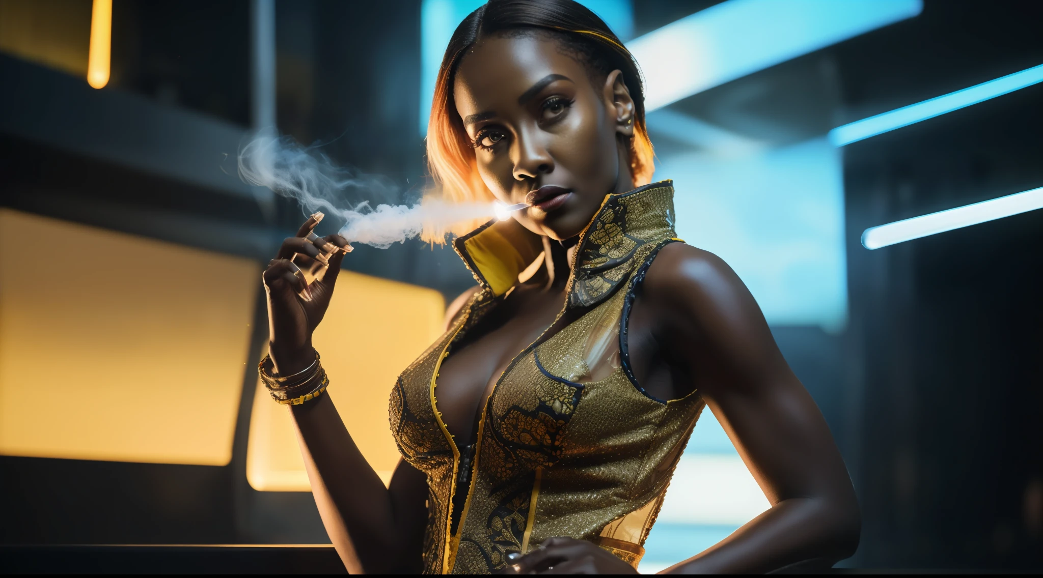 (8k, ARTISTIC photography, best quality, masterpiece: 1.2), (realistic, photorealistic: 1.37), (((Jada Kingdom))) over-detailed, (high-detail skin: 1.2), 8k uhd, SLR camera, soft lighting, high quality, film grain, Arri Alexa, cinematic lighting, photonic display, brightness, physically rendered photo, Denis Villeneuve's Neuromancer, (80s style elegant Female villain in a nightclub), cute face, ( red neon sign background lights) ((no smile)), over-detailed face, (((African )) (((Jada Kingdom))), cybernetics (( dressed futuristic Gortex tatcical vest)), ((( yellow clothes )), ((( intricate outfits))), posing, a nightclub with neon lights, dark nightclub, smoking (((pure 8K))), (((perfect anatomy))), extremely high-quality graphics, Riddley Scott, Blade Runner, Denis Villeneuve cinematography (((cinematic lighting))), ((clear details)), complex, highly detailed background,