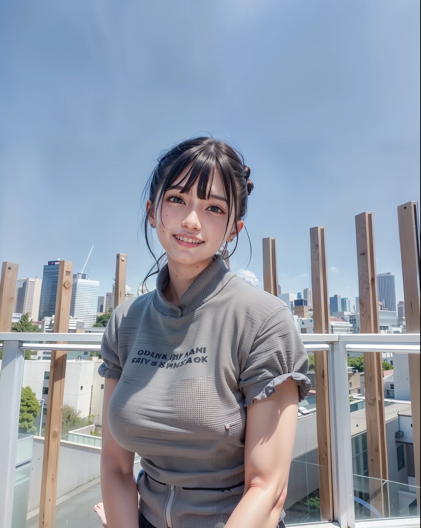 There is a woman standing on a balcony with the city in the background, 奈良美智, chiho, sakimichan, shikamimi, Yuka Kazami, Chiho Ashima, harumi, nishimiya shouko, Na Kawahara々favor, deayami kojima, tsugumi ohba