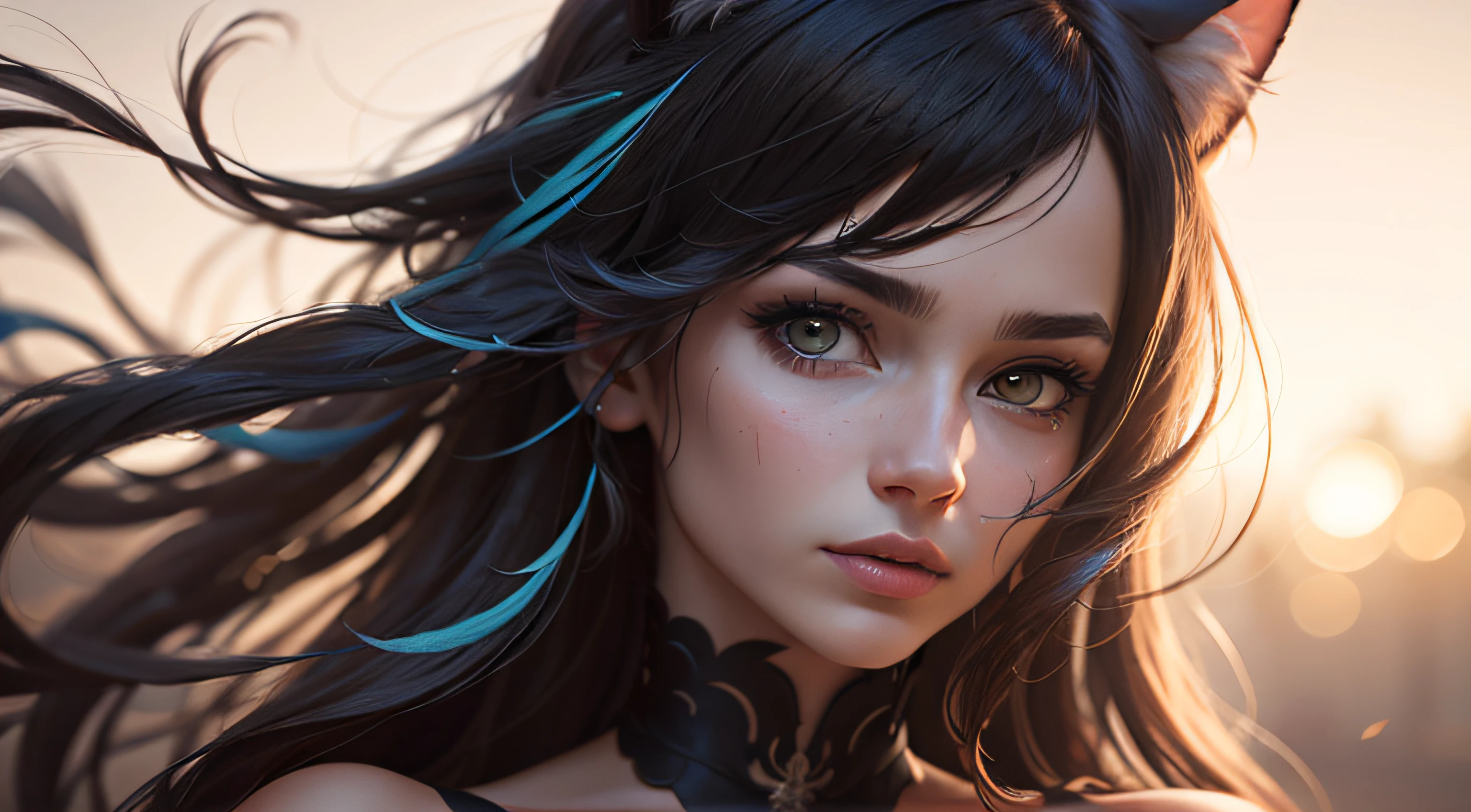 streaked hair, cat ears, Long flowing hair, high detail, backlighting, close-up, bokeh, UHD, 8k, highres, high details, high quality, textured skin