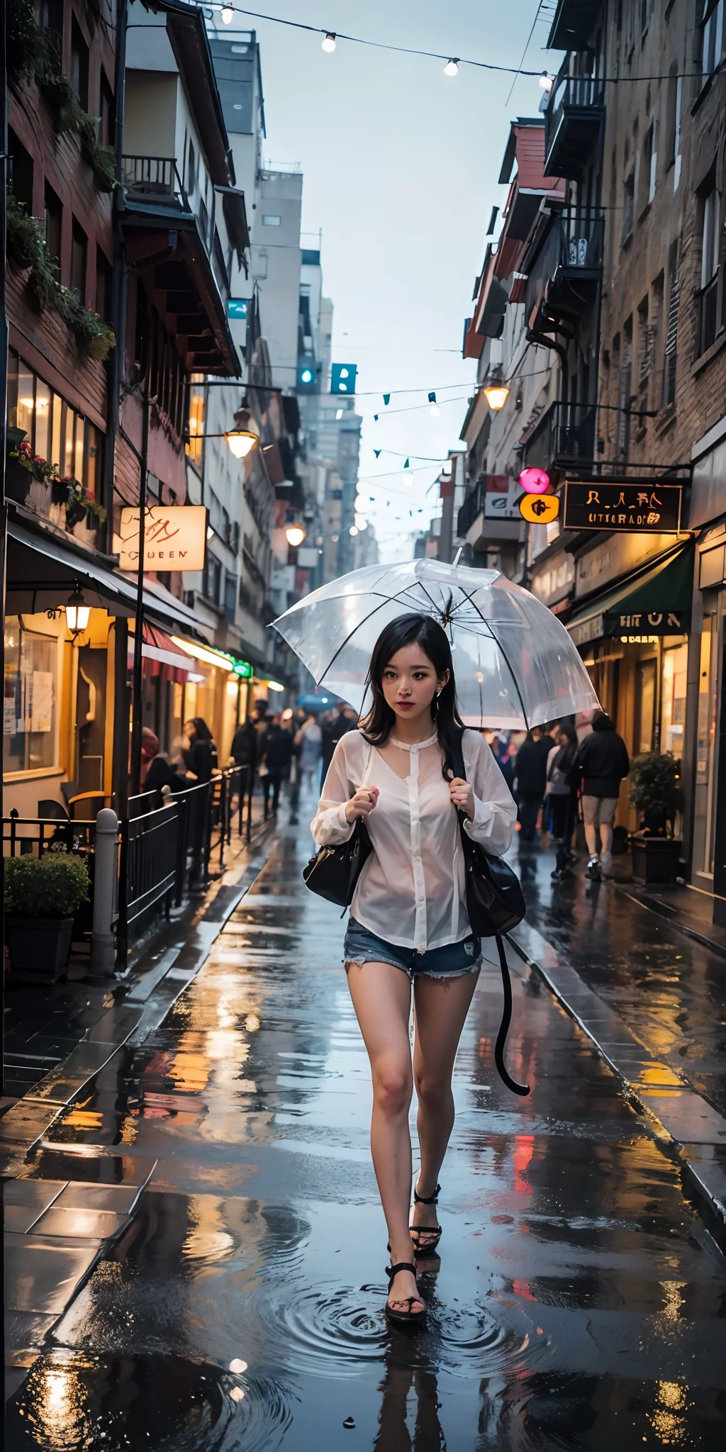 (8k, RAW photo, high sensitivity, best quality, masterpiece, ultra high resolution, fidelity: 1.25), upper body, cat ears, (night), rain, walk, city lights, delicate face, wet white shirt