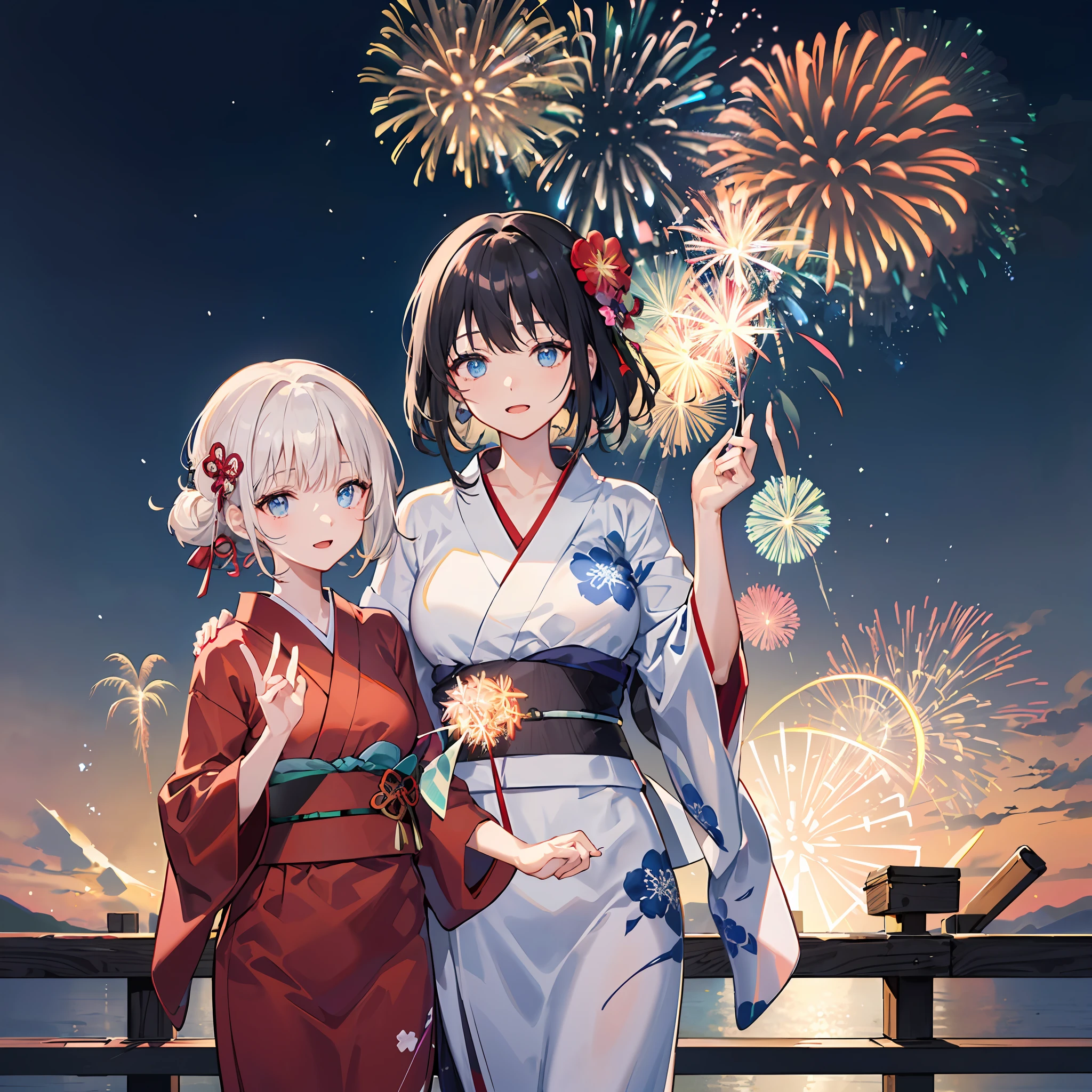 There are two women wearing yukata robes,((One has clear black hair and bright blue eyes.)) ,(The other person's hair color is different)Watch a spectacular fireworks display. Fireworks are huge and、Symbolizes the summer nights of the Japan's traditional festivals. (((Woman impressed while staring at fireworks))). (Illustrations are of high quality).((Transparent overall)),Fireworks are great.