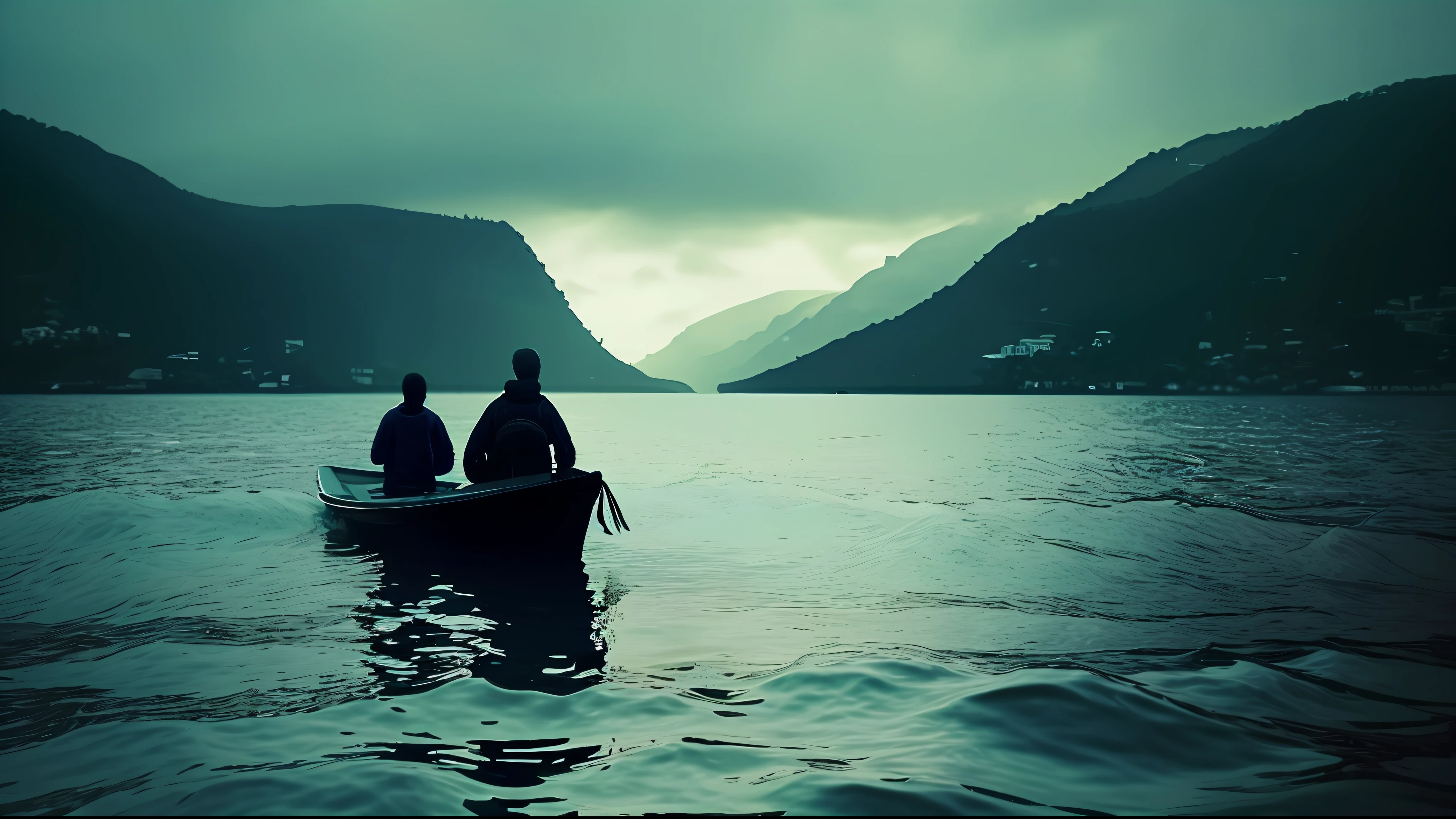 Abyssal Symphony, cinematic, atmospheric, filmed, detailed photo, A person who has abandoned their homeland, desperately crying in a small boat in the middle of the sea, the surroundings dark and cinematic with a blurred background effect, The people look sad, Filmed with a Sony camera