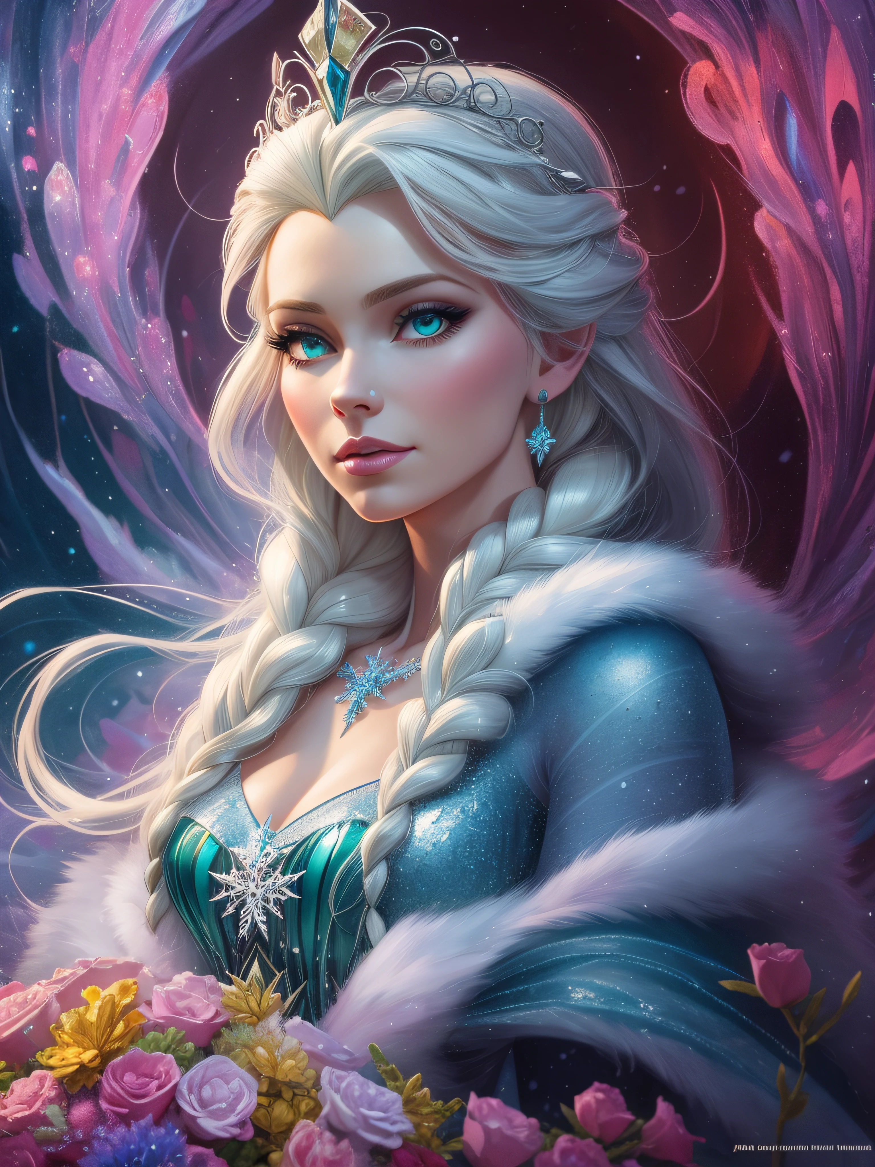 Queen Elsa wrapped in luxurious fur robe, Disney frozen, maximalist, 3D, Unreal Engine 5, vividly detailed, by "Anna Dittman", "Josephine Wall", "Michael Page", "Russ Mills", "Jonas De Ro", "H.R. Giger", and "Caspar David Friedrich" symmetrical, centered, wide-angle shot
