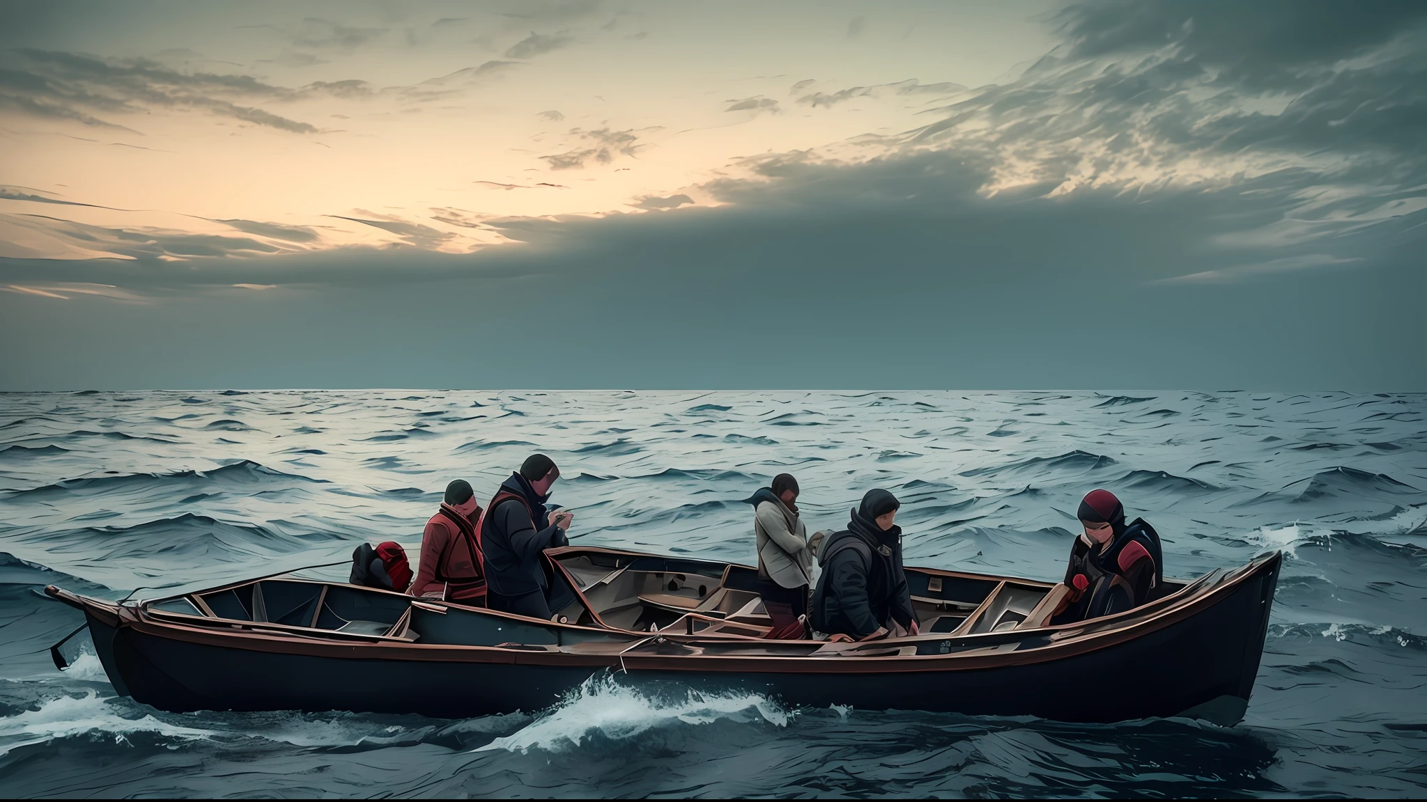 Abyssal Symphony, cinematic, atmospheric, filmed, detailed photo, A person who has abandoned their homeland, desperately crying in a small boat in the middle of the sea, the surroundings dark and cinematic with a blurred background effect, The people look sad, Filmed with a Sony camera --auto