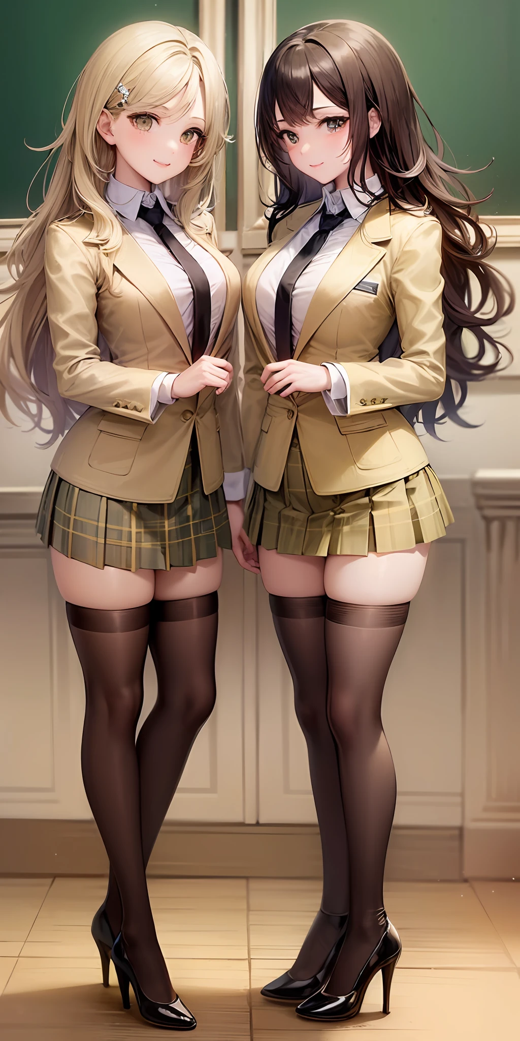 ((Masterpiece, highres)), 2girls, duo, twins, ((one brown haired girl, one blonde girl)), long hair, curly hair, matching hairstyles, different hair color, confident, elegant, proud smiles, (((matching outfits, identical outfits, yellow school uniforms, sexy school uniforms, yellow blazer, black necktie, yellow short skirt, white thighhighs, long white socks, black high heels)))