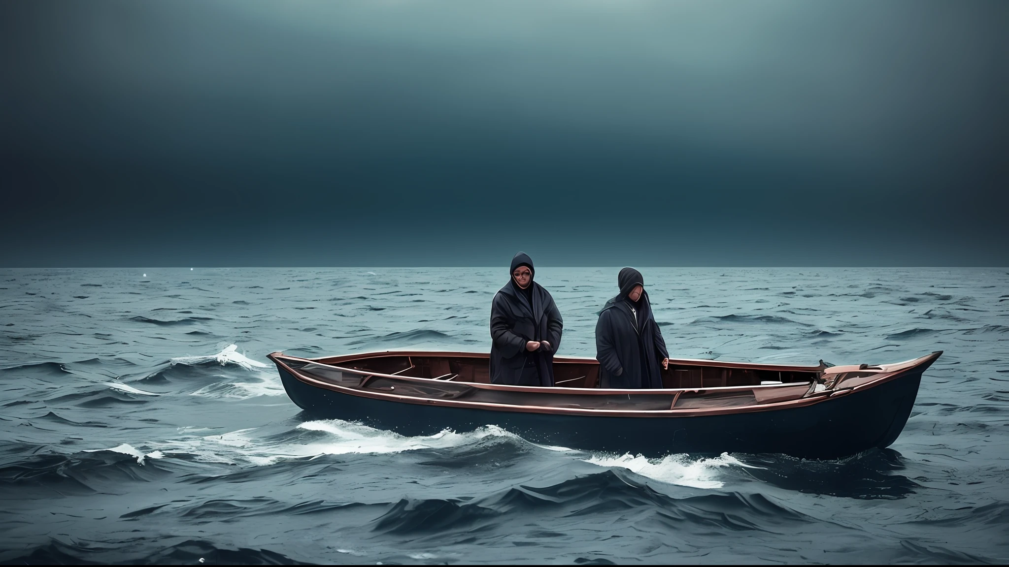 Abyssal Symphony, cinematic, atmospheric, filmed, detailed photo, A person who has abandoned their homeland, desperately crying in a small boat in the middle of the sea, the surroundings dark and cinematic with a blurred background effect, The people look sad, Filmed with a Sony camera --auto