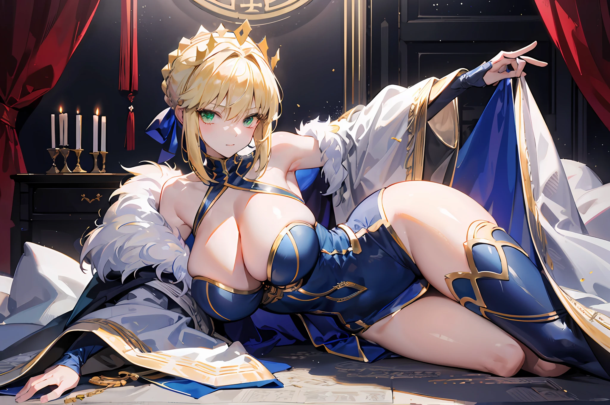 1 mother，(mature)，Artoria，king arthur，saber，King of Britain，FATE series，Knight King，medieval times，(Majesty)，((Bright blonde hair))，onbed，Kneeling，Crawl towards you，blackstockings，Seductive pose，Heavy sterling silver armor，Sterling silver leg armor，Sterling silver armour，Dark blue heavy cape，White raw edges，Huge dark blue round battle skirt，Gold lace，Coiled hair，super gigantic breasts，gigantic hip，(Fleshy legs)，Sexy flesh，Perfect flesh，Green eyes，Solitude，A half body，(超高分辨率)，(Ultra-high sharpness)，tmasterpiece，品质最佳，