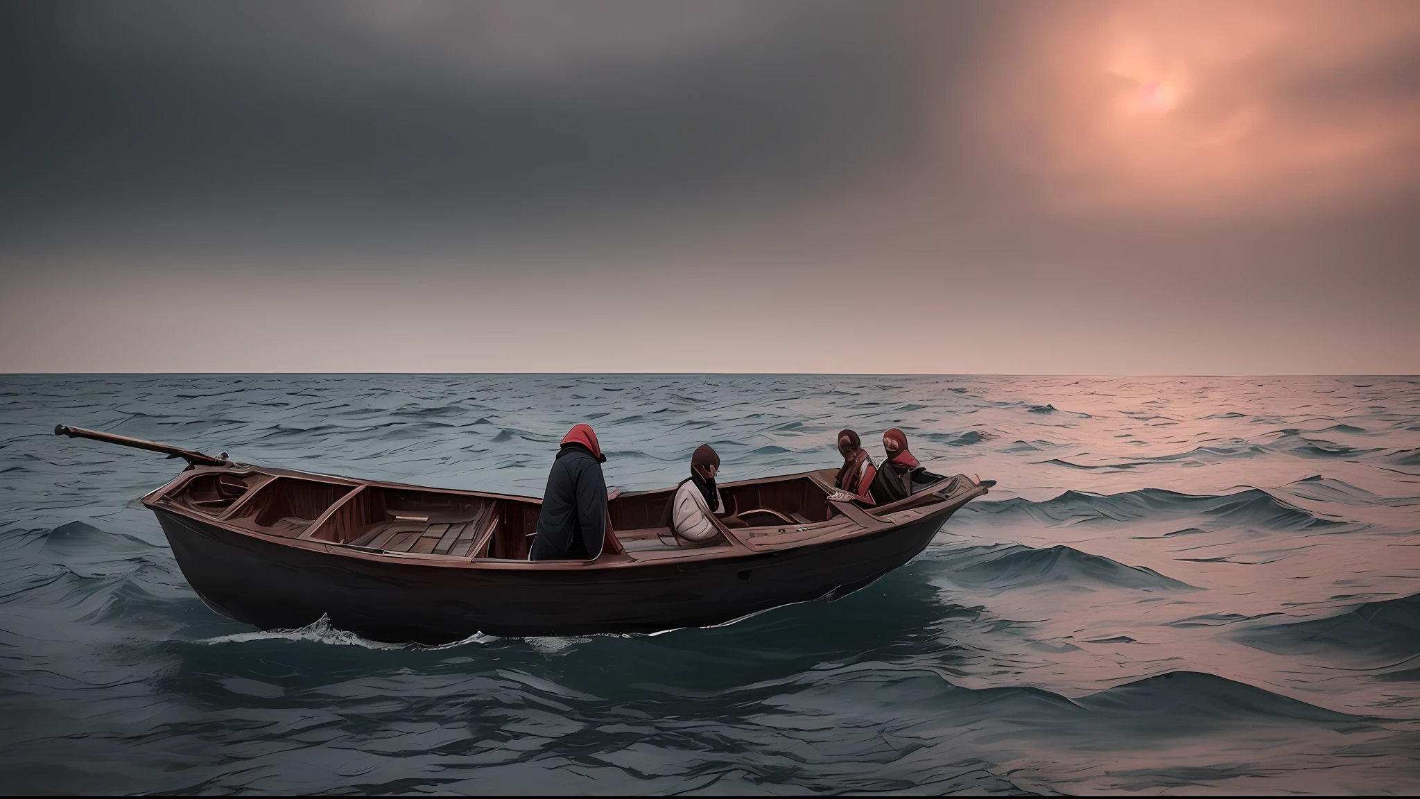 Abyssal Symphony, cinematic, atmospheric, filmed, detailed photo, A person who has abandoned their homeland, desperately crying in a small boat in the middle of the sea, the surroundings dark and cinematic with a blurred background effect, The people look sad, Filmed with a Sony camera --auto