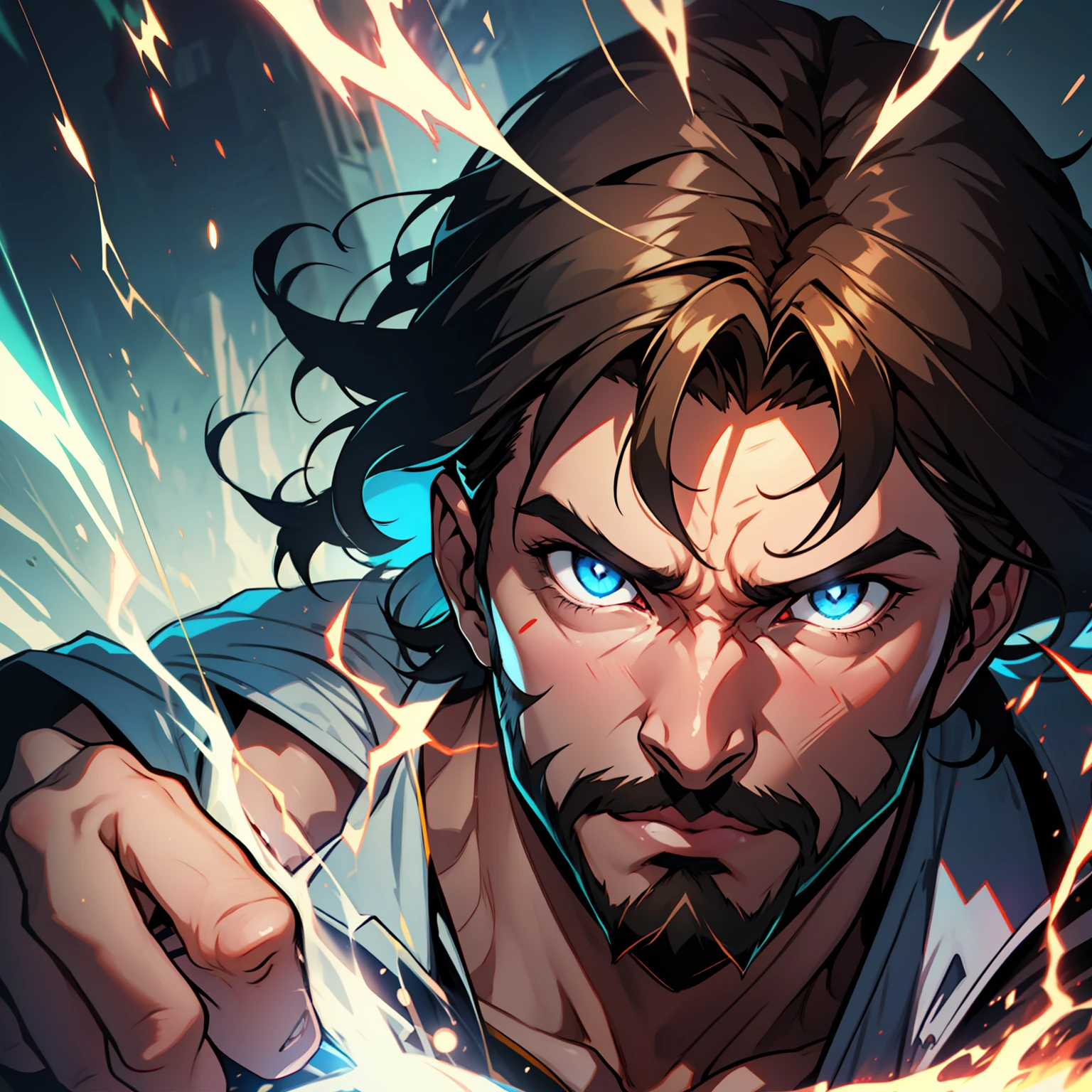 solo, close up of anime guy with brown hair and gruff brown beard, magic eye with symbols gazing into the future, dynamic lighting, energy and power rising in background, magic power, attack