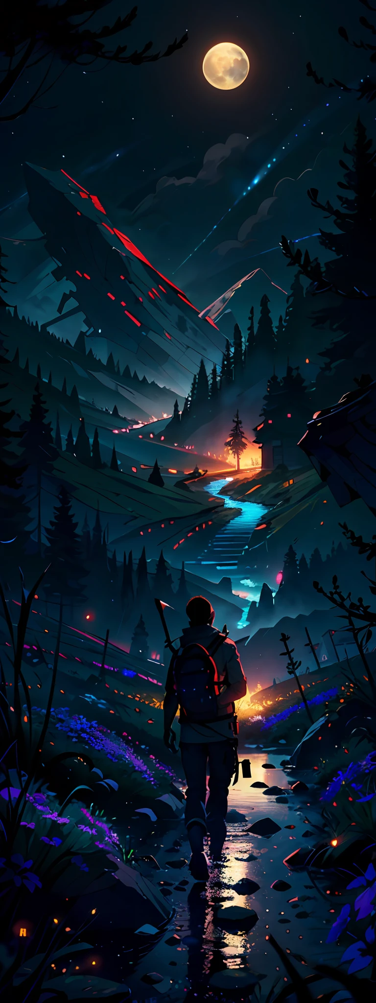 expansive landscape photograph , (a view from below that shows sky above and open field below), a girl standing on flower field looking up, (full moon:1.2), ( shooting stars:0.9), (nebula:1.3), distant mountain, tree BREAK
production art, (warm light source:1.2), (Firefly:1.2), lamp, lot of purple and orange, intricate details, volumetric lighting BREAK
(masterpiece:1.2), (best quality), 4k, ultra-detailed, (dynamic composition:1.4), highly detailed, colorful details,( iridescent colors:1.2), (glowing lighting, atmospheric lighting), dreamy, magical, (solo:1.2)Abyssal Symphony, cinematic, atmospheric, filmed, detailed photo, A person who has abandoned their homeland, desperately crying in a small boat in the middle of the sea, the surroundings dark and cinematic with a blurred background effect, The people look sad, Filmed with a Sony camera