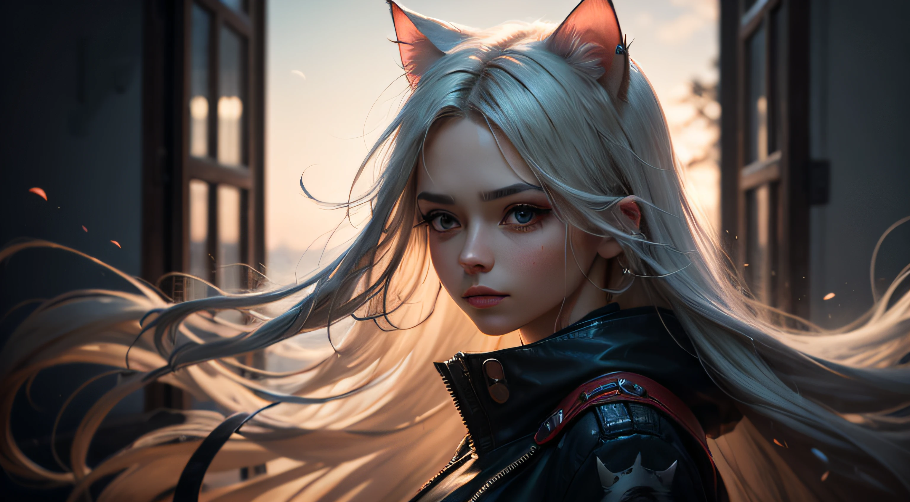 streaked hair, cat ears, Long flowing hair, high detail, backlighting, close-up, bokeh, UHD, 8k, highres, high details, high quality, textured skin