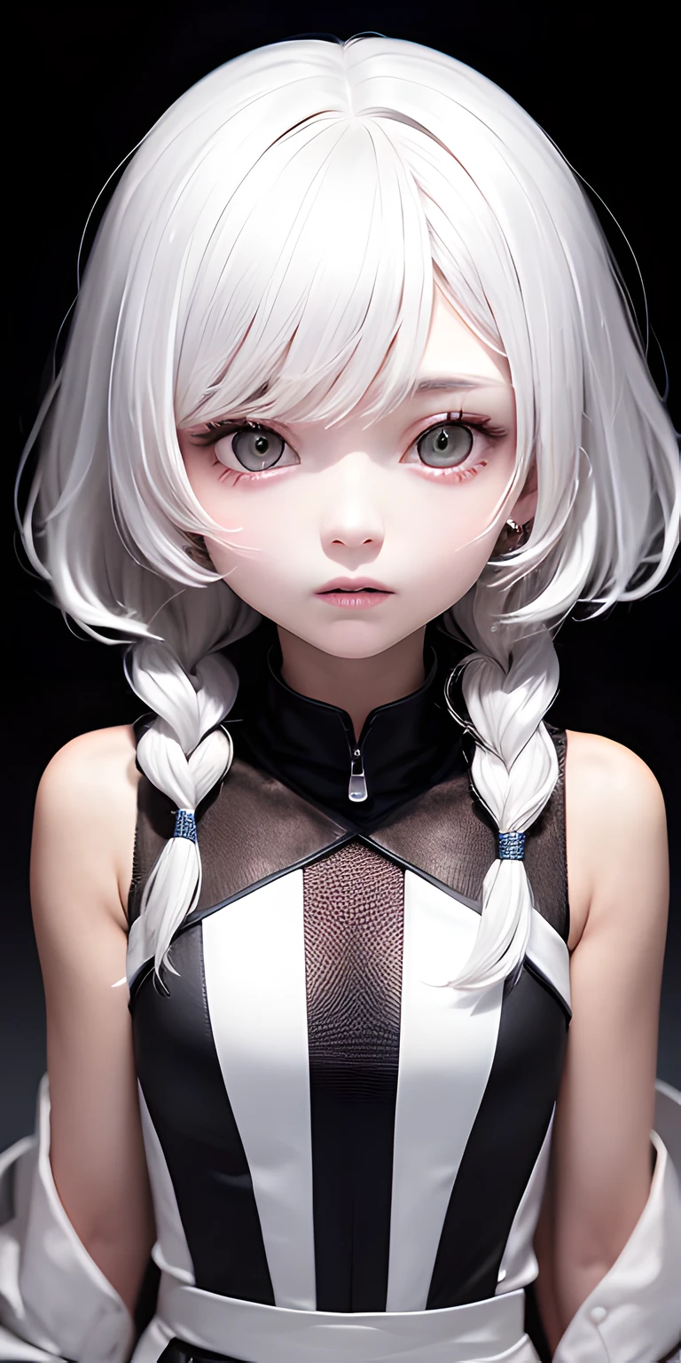 top-quality、masterpiece、white hair、Akame、Black skin、white clothes、look up to、The upper part of the body、Hair strands、light skinned、Side braid