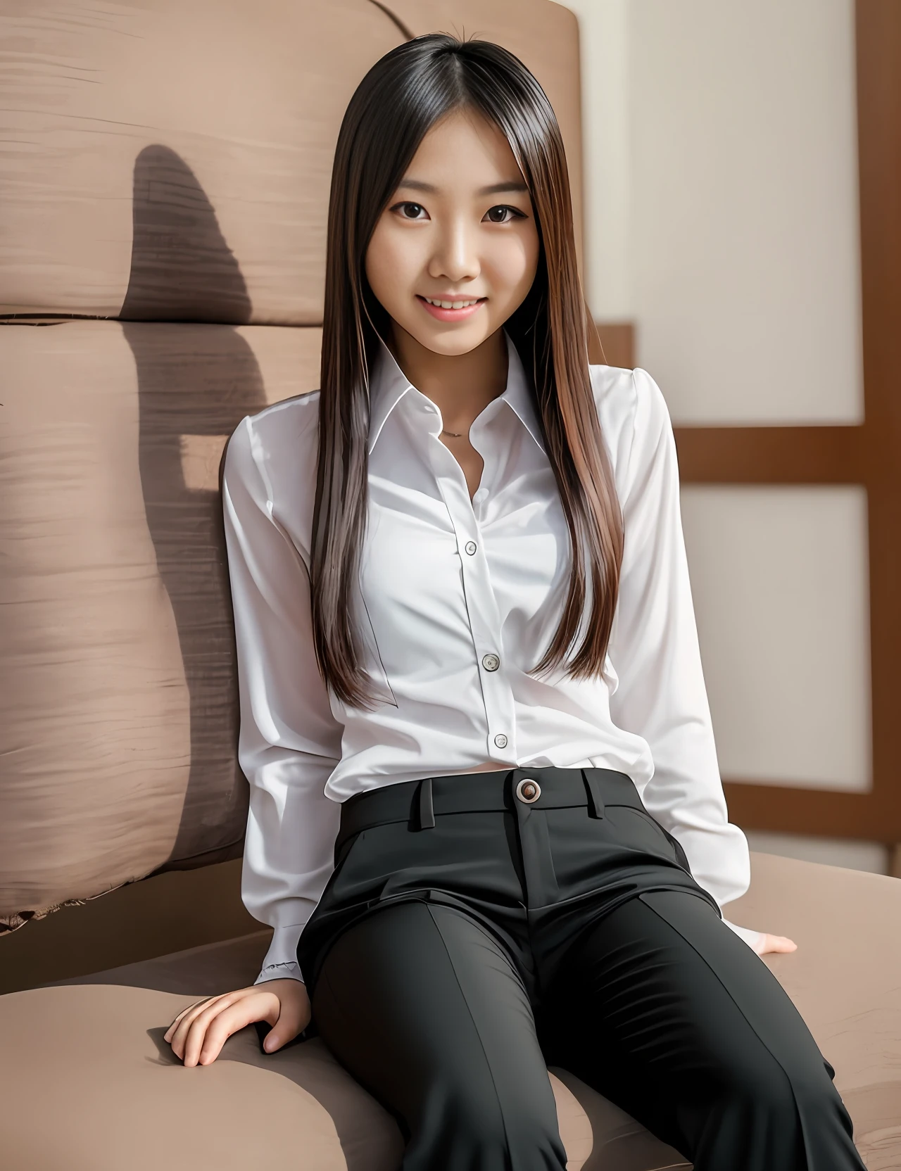 1 Beautiful young Asian girl 18 years old, sitting not sofa, camisa semi aberta, seios pequenos, saia curta, half pants, Looking at camera, sexual excitement, pose  Asians --auto --s2