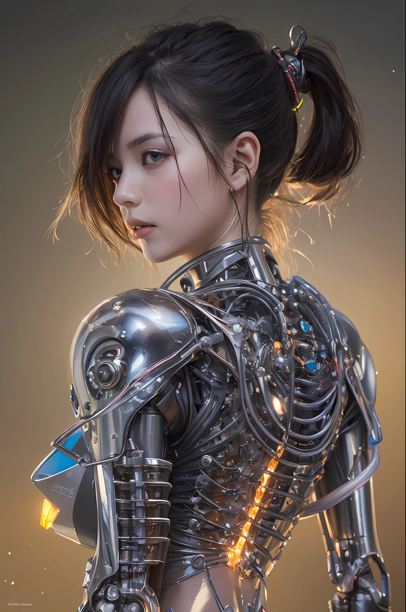Top Quality, Masterpiece, Ultra High Resolution, (Photorealistic: 1.4), Raw Photo, 1 cyberpunk Girl, Black Hair, Glossy Skin, 1 Mechanical Girl, (Ultra Realistic Detail)), Full body, Global Illumination, Contrast, Shadows, Octane Rendering, 8K, Ultra Sharp, Cleavage Exposed, Raw Skin, Metal, Intricate Ornament Details, Japan Details, Very intricate details, realistic light, CGSoation trend, facing the camera, neon details, mechanical limbs, blood vessels connected to the tube, mechanical vertebrae attached to the back, mechanical cervical attachment to the neck, wires and cables connecting to the head, gundam, small LED lamps.