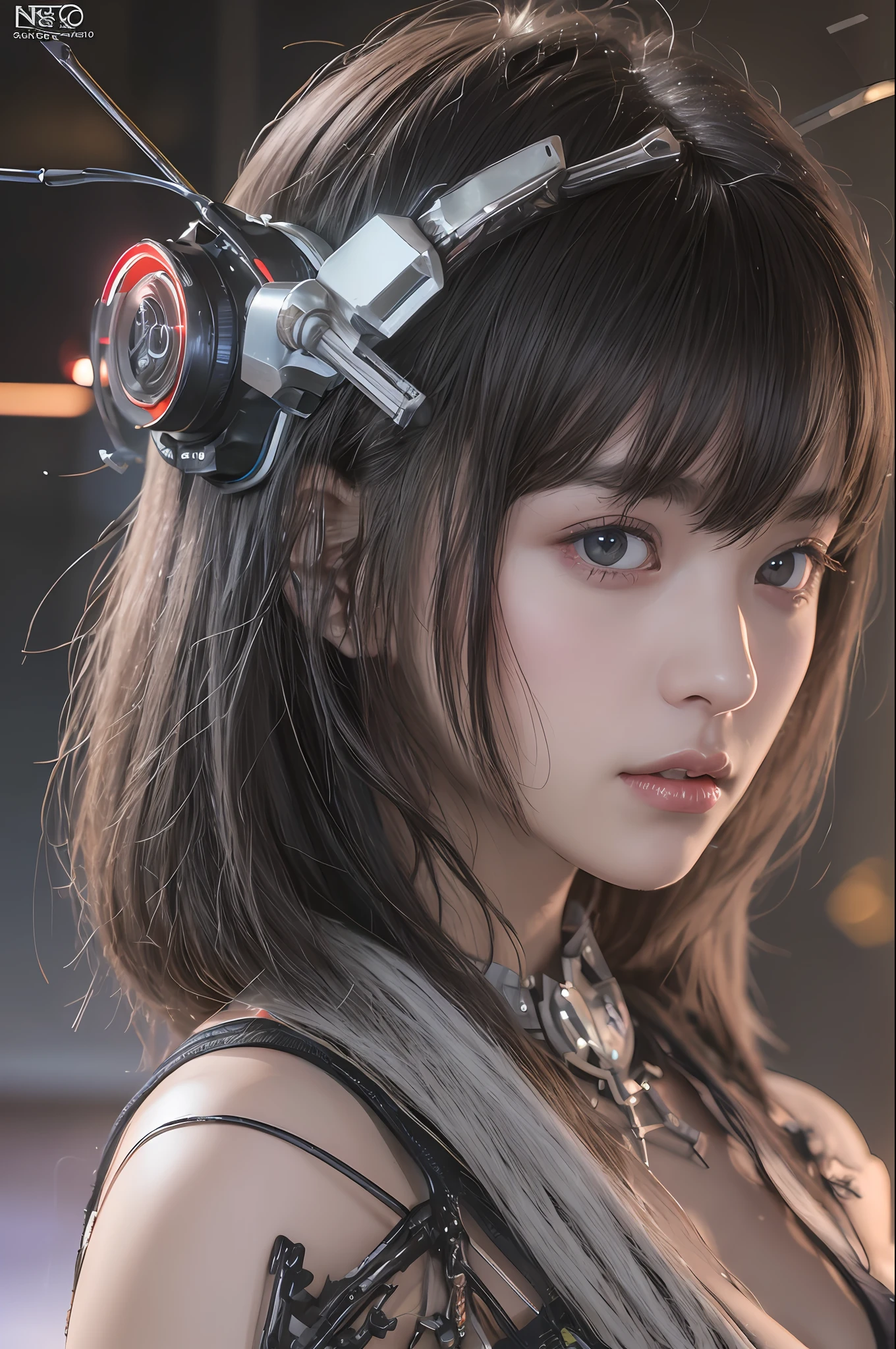 Top Quality, Masterpiece, Ultra High Resolution, (Photorealistic: 1.4), Raw Photo, 1 cyberpunk Girl, Black Hair, Glossy Skin, 1 Mechanical Girl, (Ultra Realistic Detail)), Full body, Global Illumination, Contrast, Shadows, Octane Rendering, 8K, Ultra Sharp, Cleavage Exposed, Raw Skin, Metal, Intricate Ornament Details, Japan Details, Very intricate details, realistic light, CGSoation trend, facing the camera, neon details, mechanical limbs, blood vessels connected to the tube, mechanical vertebrae attached to the back, mechanical cervical attachment to the neck, wires and cables connecting to the head, gundam, small LED lamps.
