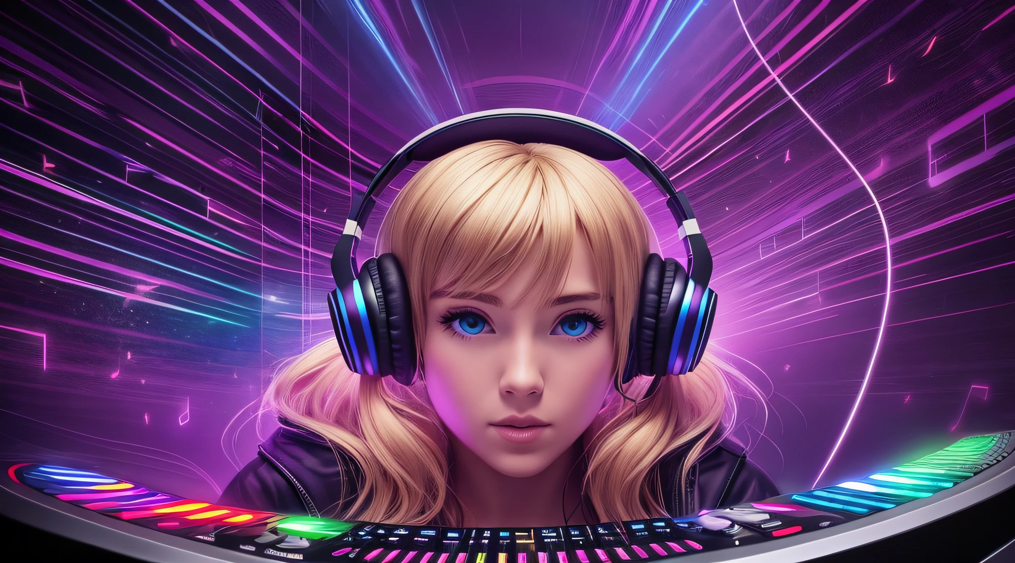 Blond-haired triplets,Headphones with lightning in the background, listening to music at 2 am, com fones de ouvido, vibing to music, trance music, DJ, Listening to music, Audiophile, com fones de ouvido, music album art, Fones de ouvido DJ Rave, ELECTRONIC MUSIC, magic music, music in the air, music being played, giant headphones rocking out, techno music, music album cover, headphones on head