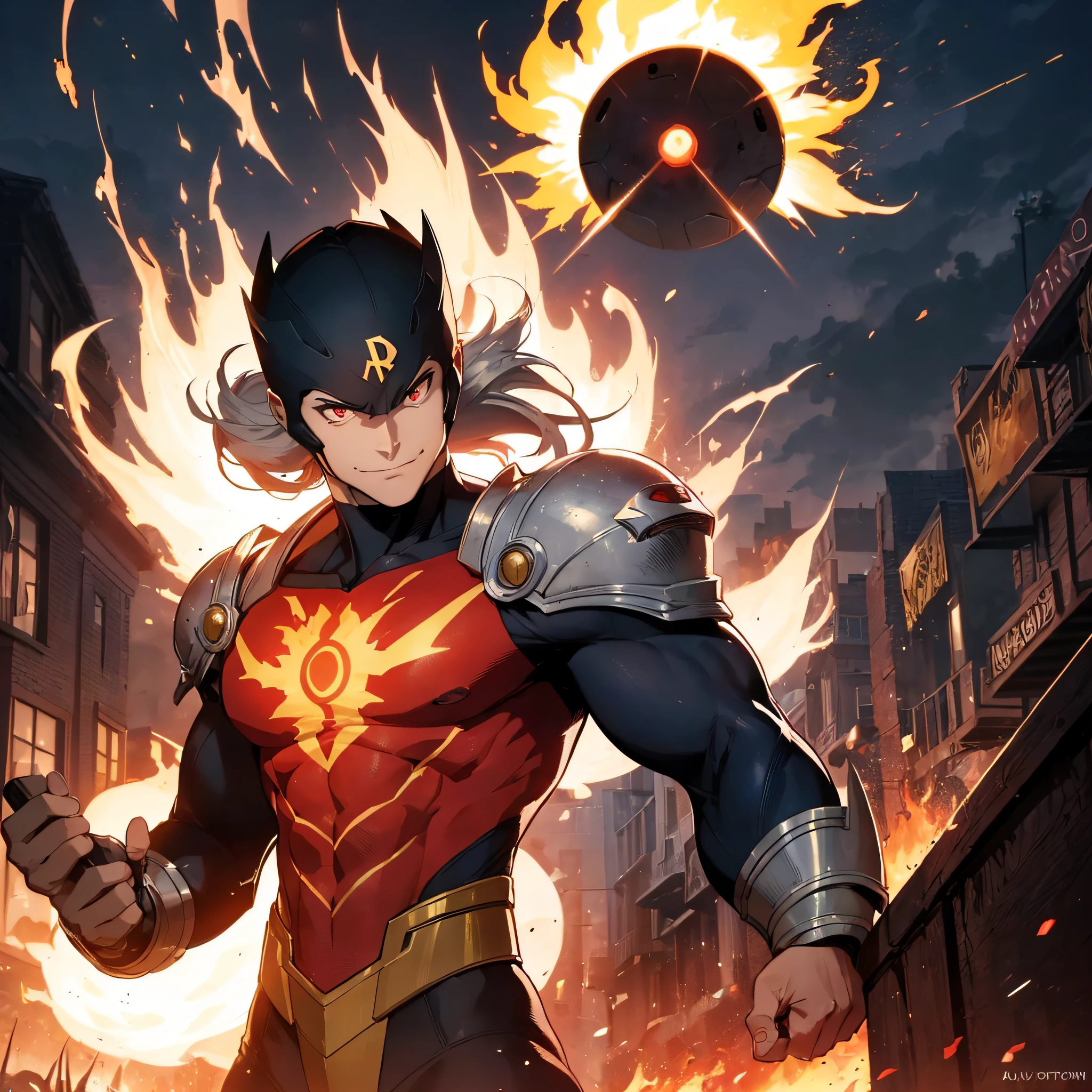 (light_environment), (masterpiece, best quality, ultra-detailed), (better lighting, better shadow) young justice style, DC style, oc, an athletic young man, strong, with fire powers, super powers, sun power, powerful, with flames around, pyrokinesis, red eyes, a satisfying smile on his face --auto