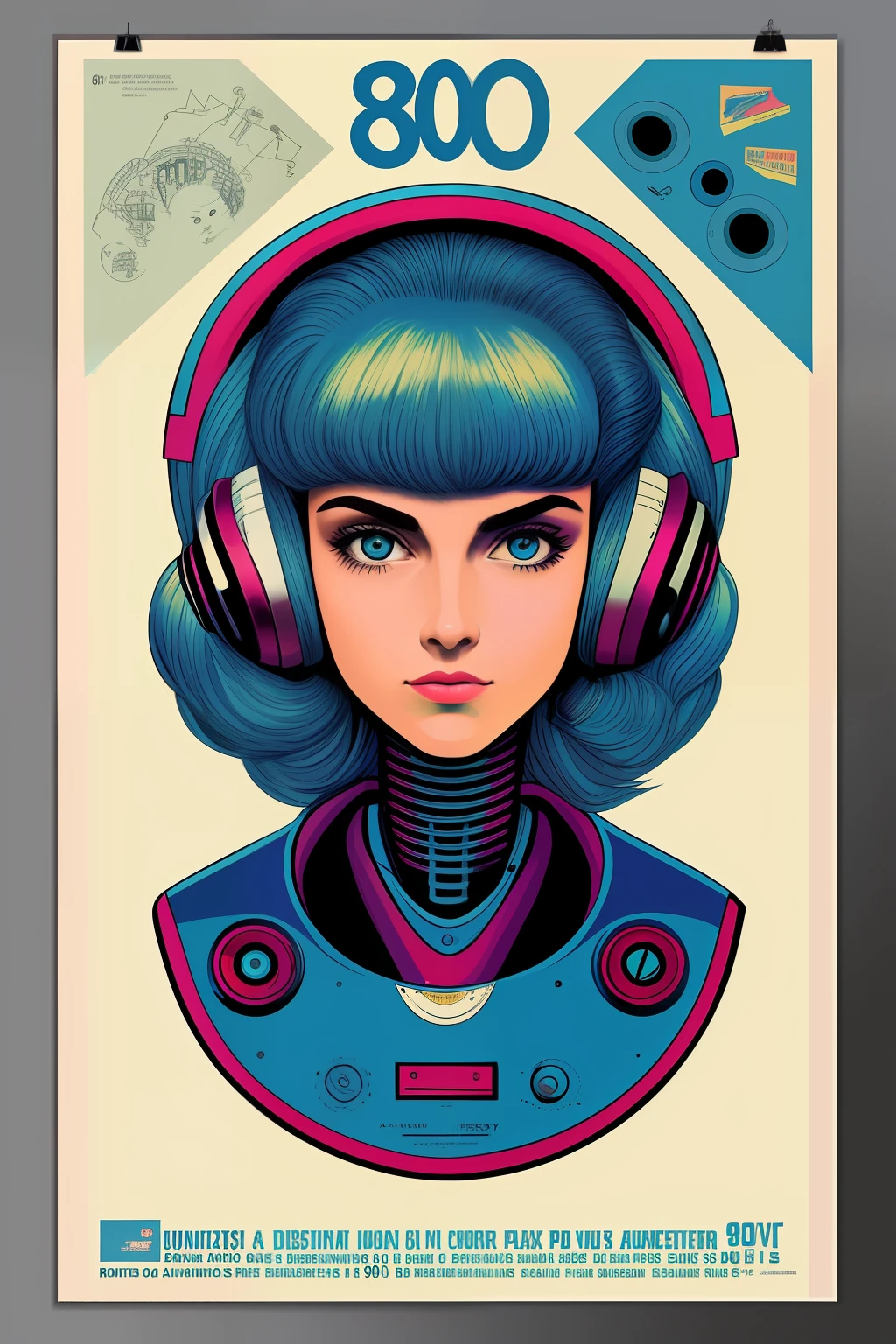 retrato de mujer robot, ((80s poster)), auriculares, discos de vinilo, dibujo plano