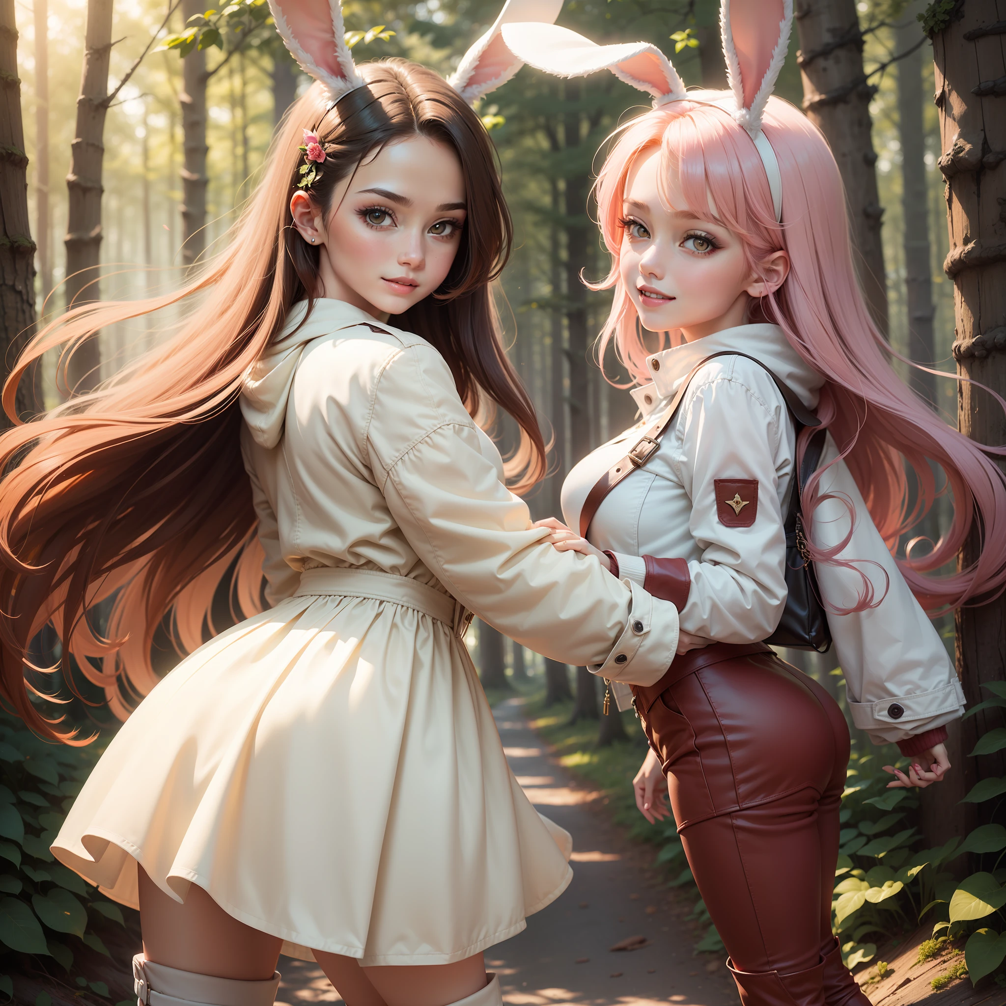 Two-dimensional beautiful woman，Beautiful face，the golden ratio，ssmile，（naturey），Two-dimensional wind，With rabbit ear decoration，Pink rabbit ears，Wear white clothes，Long jacket，Red boots，boot，forest backgrou，Bright background，warm current，Gentle light