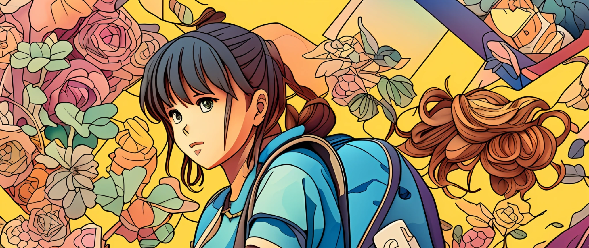 a detailed illustration of a woman hiker, wearing a backpack, colors, two-dimensional, character design, t-shirt design, stickers, colorful splashes, and t-shirt design, studio ghibli style, soft tetrad color, fantasy art, watercolor effect, alphonse mucha, digital painting, high polygon, soft lighting, aerial view, isometric style, retro aesthetics, focusing on people, 8k resolution, using cinema 4d, high quality, highres, detail enhancement