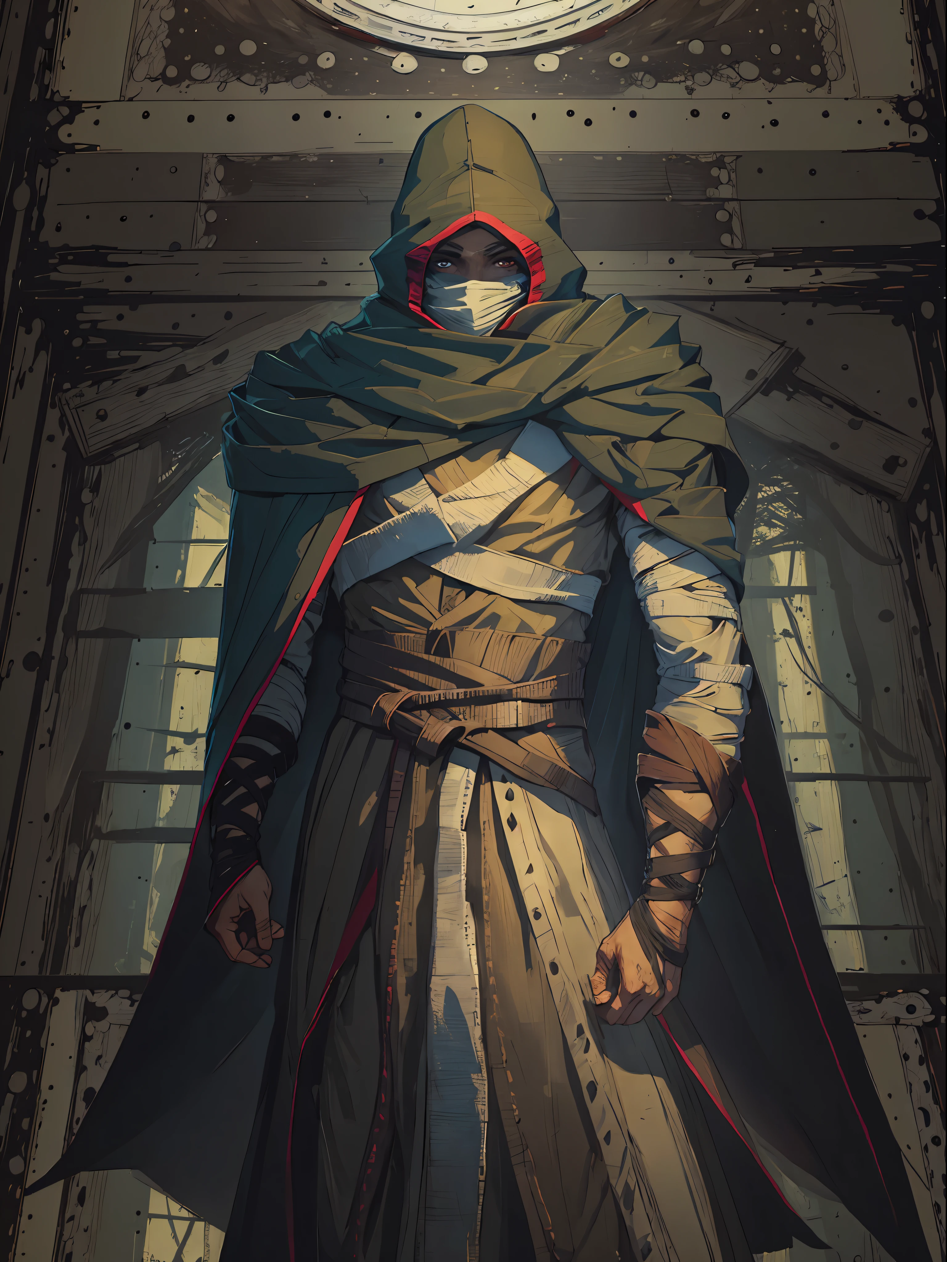 A man with his upper body wrapped in bandages, wearing a cloak that covers his face, revealing eyes that don't appear human, This character design is reminiscent of a wild and savage persona in Japanese anime, with finely crafted character design and a mature artistic style, ((character concept art)), full body character drawing, high definition, best quality, ultra-detailed, extremely delicate, anatomically correct, symmetrical face, extremely detailed eyes and face, high quality eyes, RAW photo, UHD, 8k, professional lighting, soft lighting, (masterpiece:2)