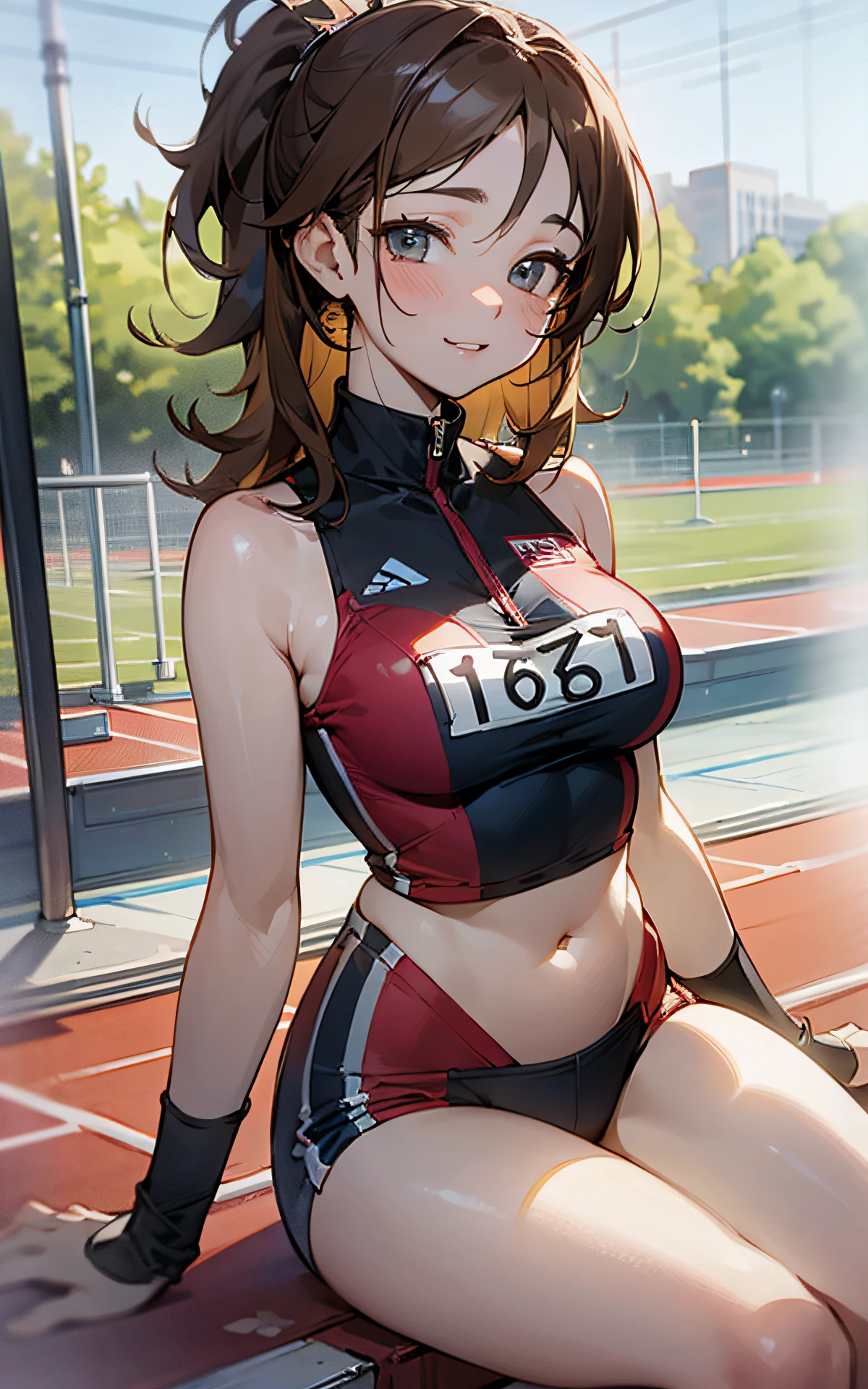 (Original Character、Unity 16K Wallpaper, Masterpiece, Best Quality, Ultra-Detailed, Extremely Detailed CG, Caustics, Cinematic Lighting, Detailed, Beautiful Detailed Eyes, solo), Ultra High Resolution, fine skin, (track and field:1.2) 、(strong light)、oily skin,smile , from front:1.2、(sexy women)、Arena、full body shot、separate、racing bloomers、show off belly,show off neck,sunny day、cowboy shot,brown hair、sit on the bench,open legs,layered hair,blush