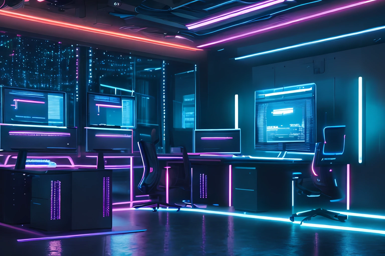 hyperrealistic cyberpunk office with a futuristic vibe, neon lights flickering in the shadows, a room full of advanced computers 3d render.