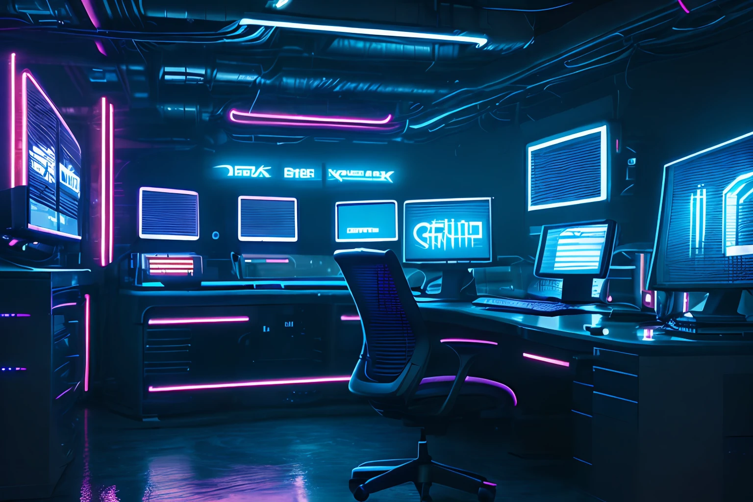 cyberpunk office with futuristic vibe, neon lights flickering in the shadows, a room full of advanced computers.