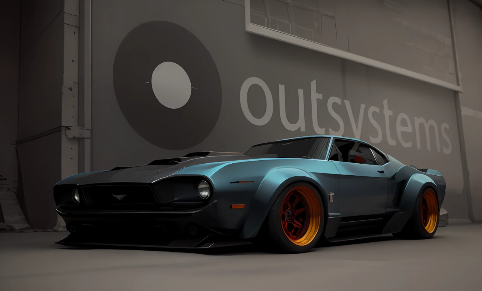 [Real Photo] [1968 Ford Mustang Black Shelby], clean highly detailed, photorealistic masterpiece, professional photography, realistic car,  [isometric], vibrant color vector, sharp focus, volumetric mist, 8k UHD, DSLR, high quality, grain film, Fujifilm XT3 [Breathtaking car paint, red base and white accents]  [the Outsystems logo and phrase in 3D luminous sign]