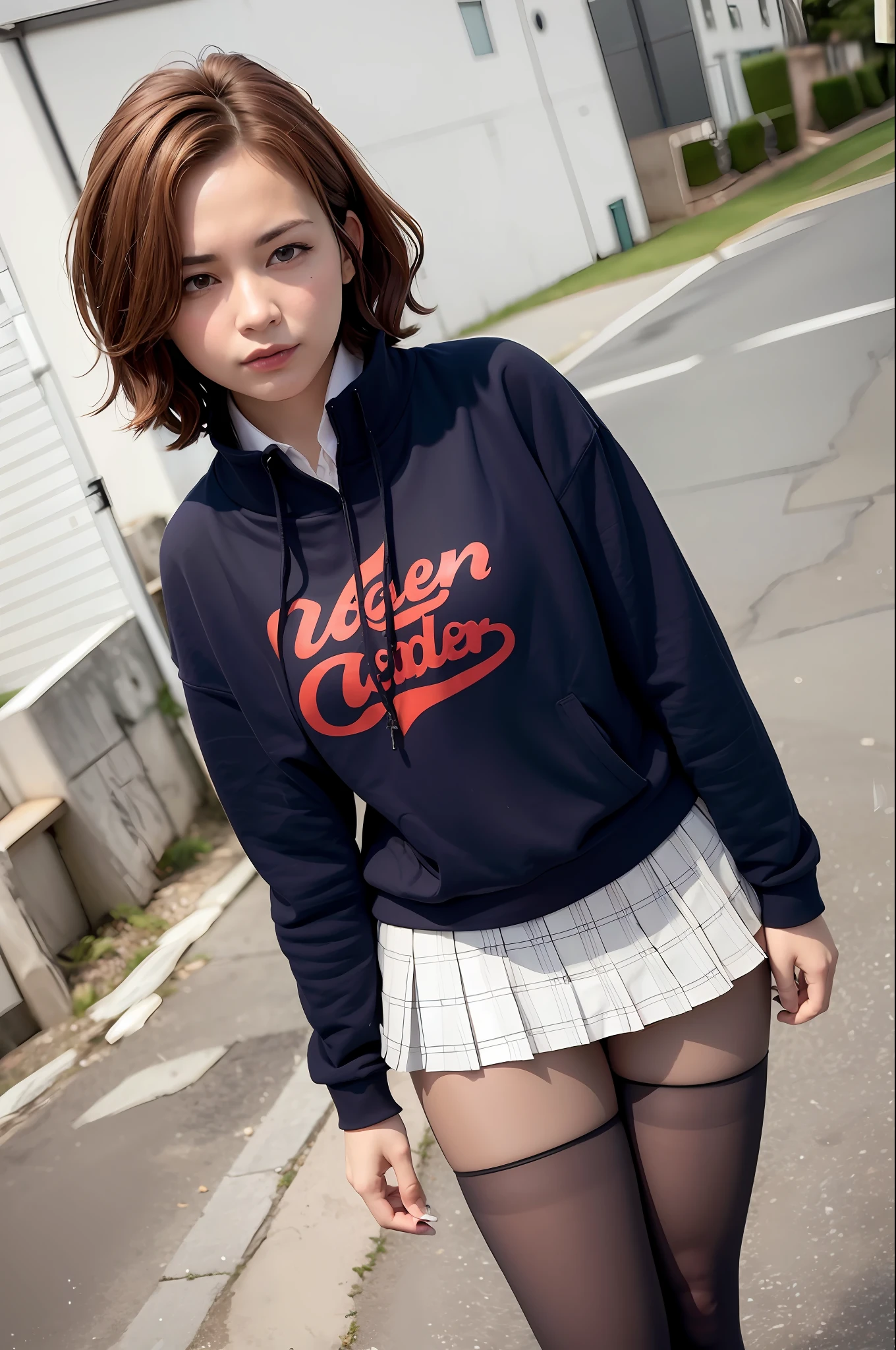 Best Quality, 超A high resolution, (Photorealistic:1.4), 1girl in, higuchi madoka, Short hair, Brown hair, Purple eyes, Hairpin, Sweaters, Shirt, Skirt, (pantyhose:1.1), Looking at Viewer、the golden ratio