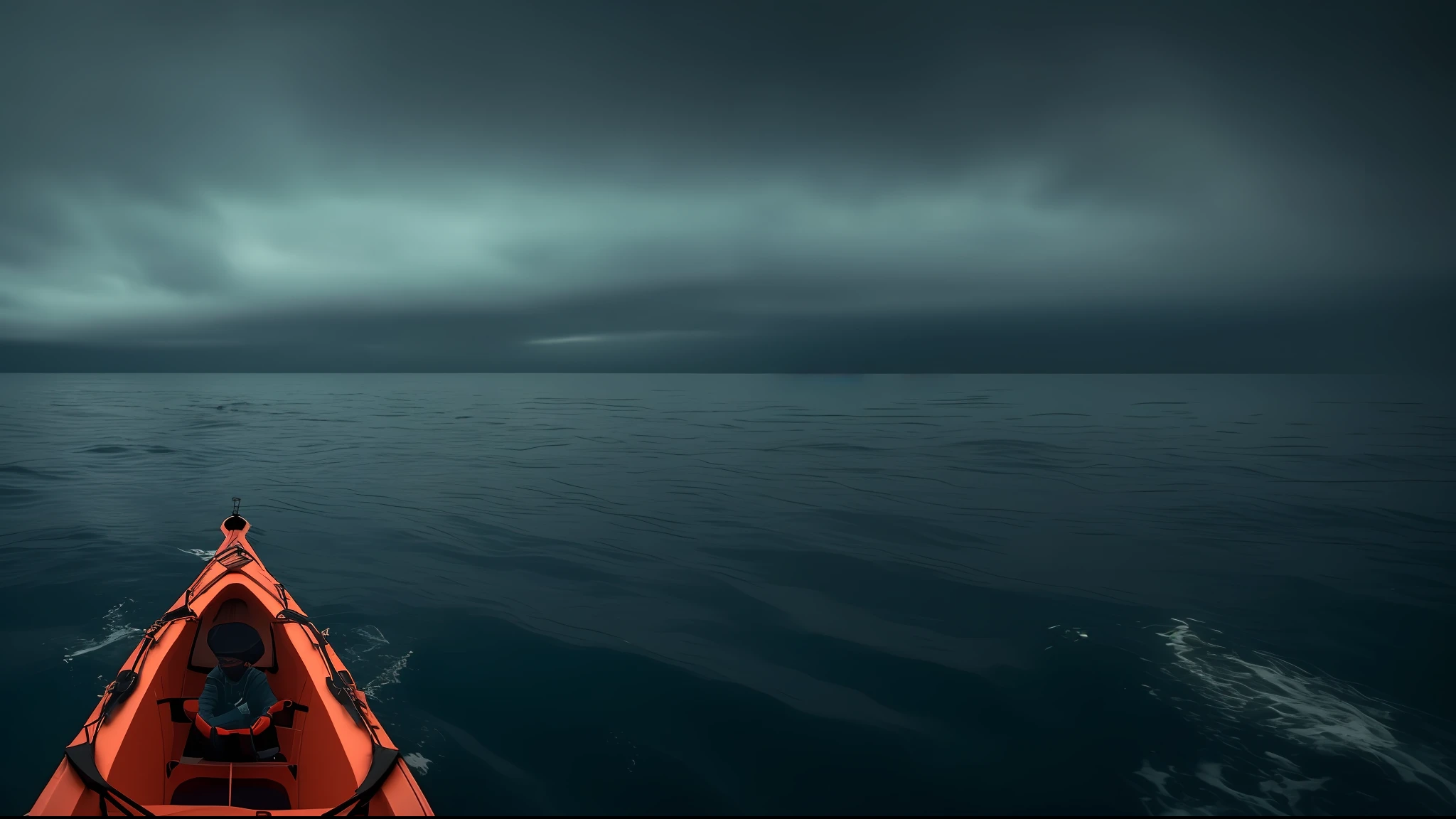 Abyssal Symphony, cinematic, atmospheric, filmed, detailed photo, A person who has abandoned their homeland, desperately crying in a small boat in the middle of the sea, the surroundings dark and cinematic with a blurred background effect, The people look sad, Filmed with a Sony camera