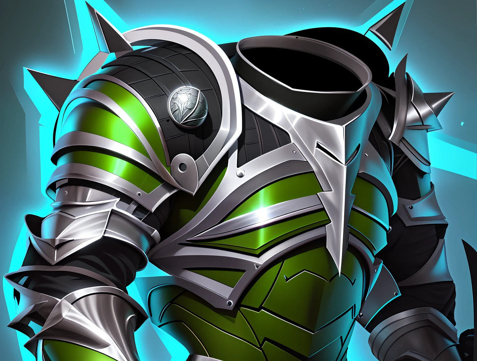 There is a photo of a man in armor,Wear green and black clothes, sleek glowing armor, shinning armor, sleek armor, legendary armor, shinning armor, polished steel armor, epic armor, shiny metal armor, silver sharp streamlined armor, steal armors, steel armor, sliver ice color reflected armor, Detailed fantasy armor, with sleek silver metal armor