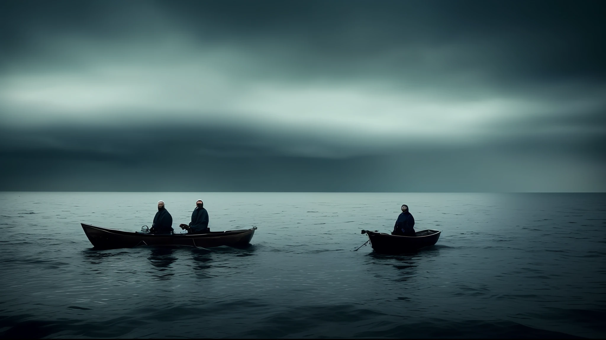 Abyssal Symphony, cinematic, atmospheric, filmed, detailed photo, A person who has abandoned their homeland, desperately crying in a small boat in the middle of the sea, the surroundings dark and cinematic with a blurred background effect, The people look sad, Filmed with a Sony camera