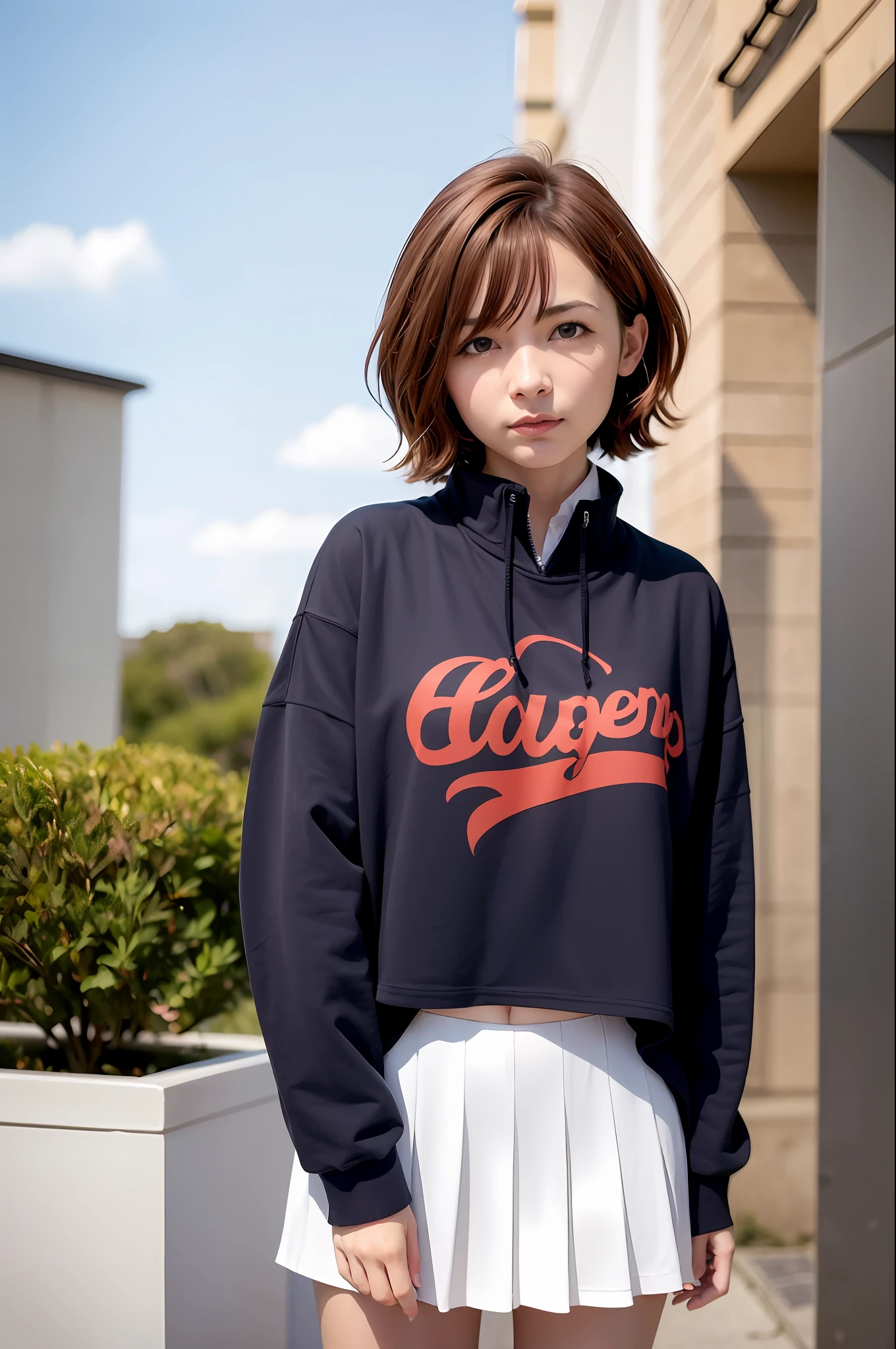 Best Quality, 超A high resolution, (Photorealistic:1.4), 1girl in, higuchi madoka, Short hair, Brown hair, Purple eyes, Hairpin, Sweaters, Shirt, Skirt, (pantyhose:1.1), Looking at Viewer、the golden ratio