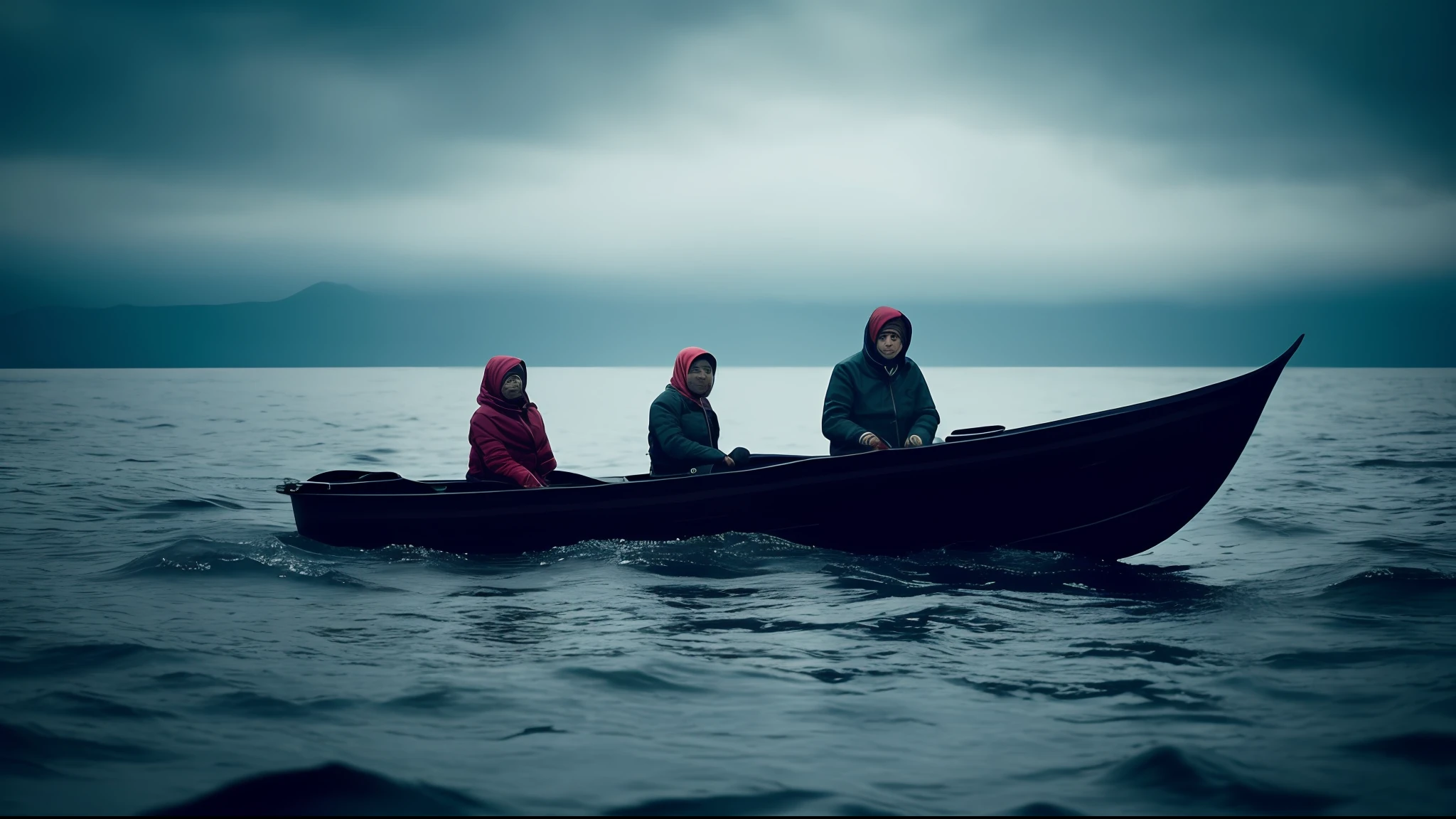 Abyssal Symphony, cinematic, atmospheric, filmed, detailed photo, A person who has abandoned their homeland, desperately crying in a small boat in the middle of the sea, the surroundings dark and cinematic with a blurred background effect, The people look sad, Filmed with a Sony camera