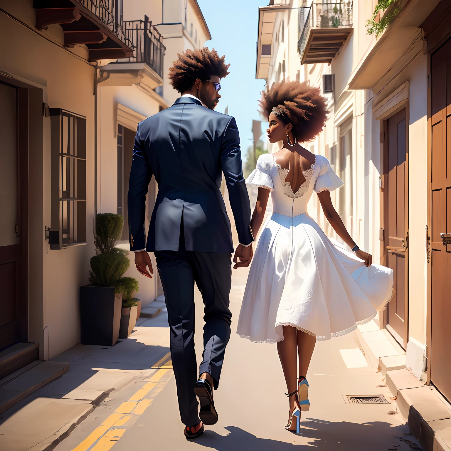Casal Afro-Americano, Dancing Samba Rock, pose elegante, foto de corpo inteiro, mulher usando sapatilha e saia, Hanging man stylized digital illustration, walking away, de Barkley Hendricks