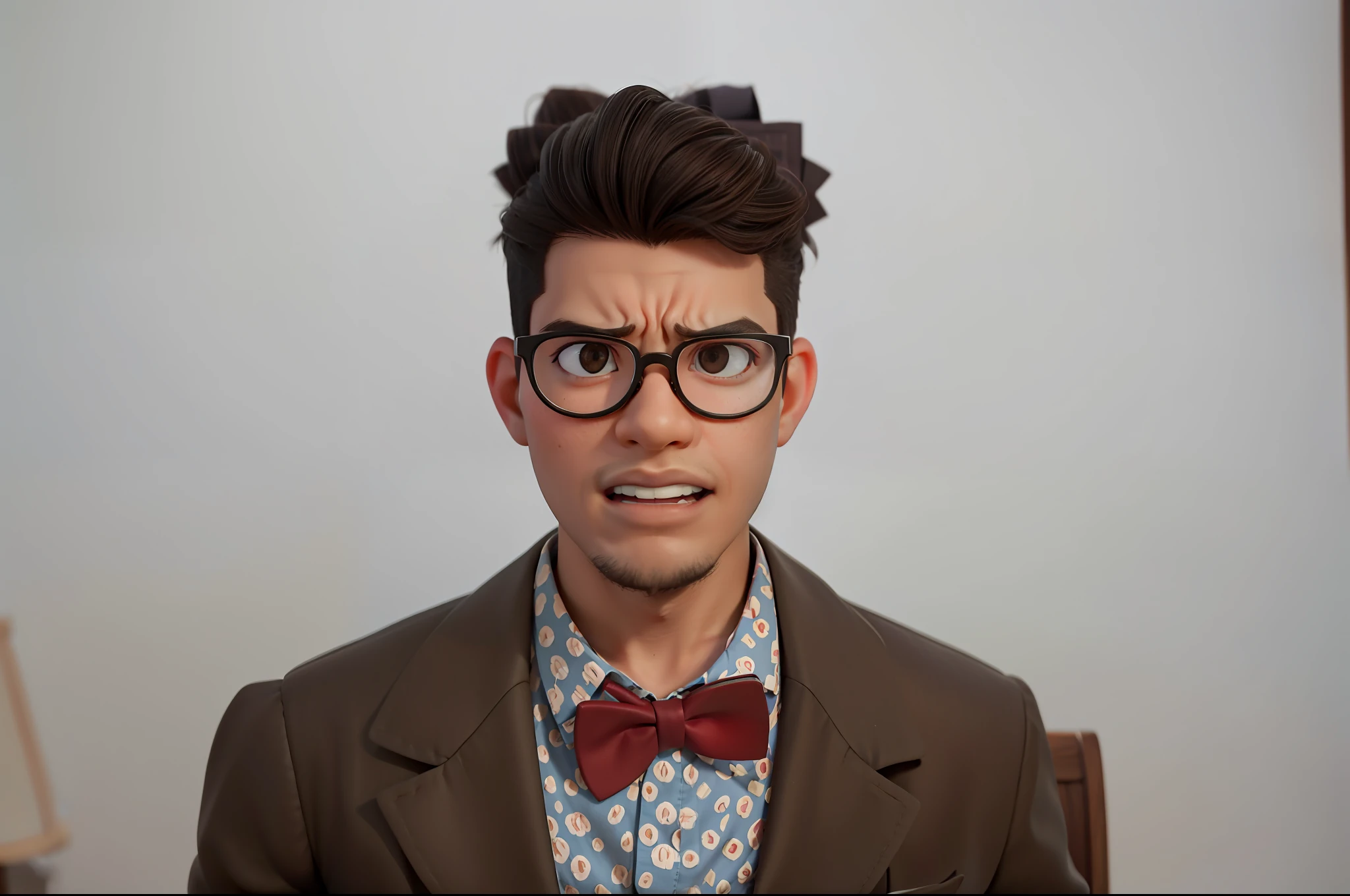 :(Nerdy mixed race guy),(at desk),(holding a book:1.2),(wearing glasses and bow tie),(1-2 cups of coffee),wooden table,(book stack:0.8),notebook, pen, lamp,(bookshelves in background),(Intense emotion:1.1)
