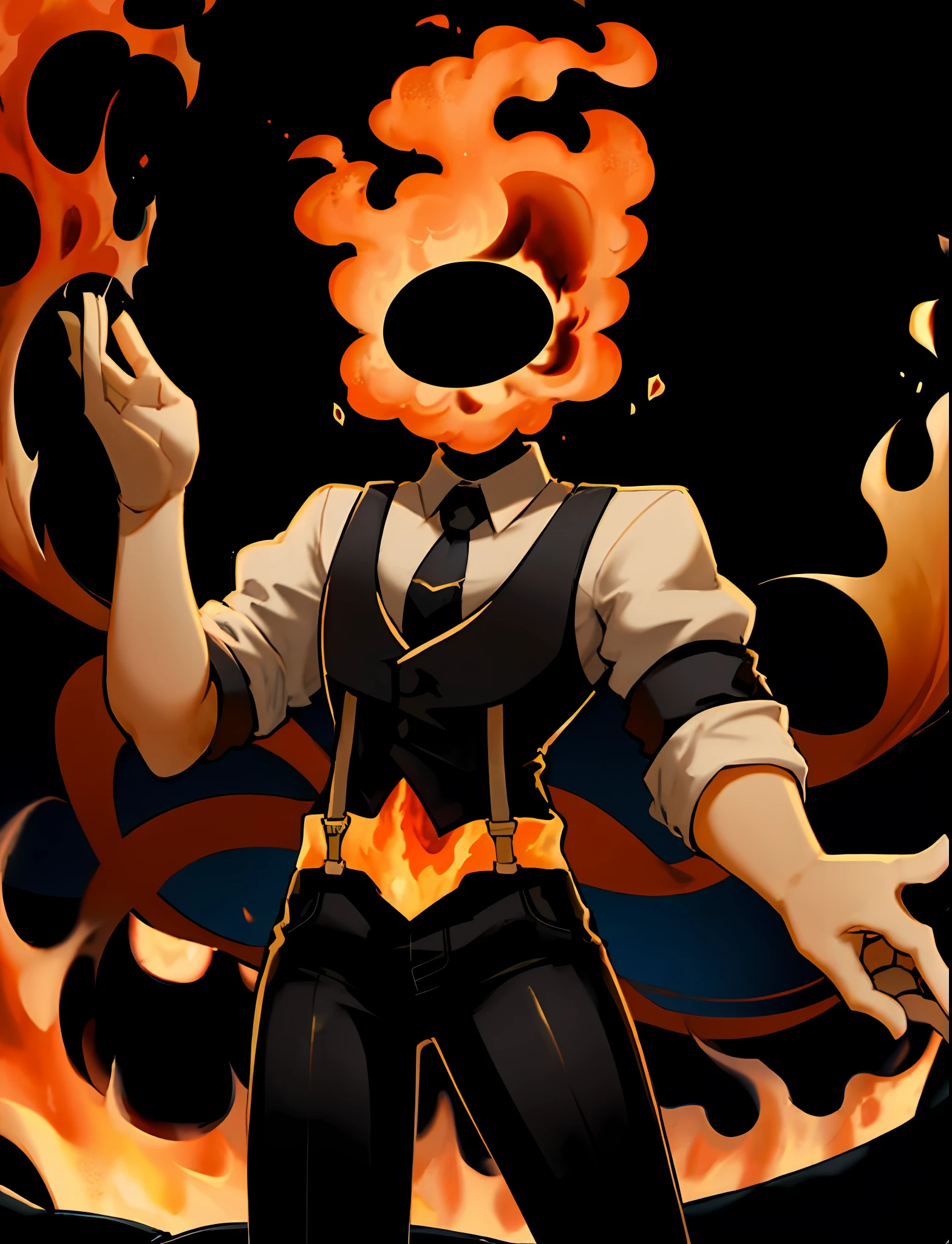 strange head, fire head, male focus, 1boy, solo ,suspenders, pants, shirt, black necktie, black pants, white shirt, collared shirt, cowboy shot, blue necktie, simple background, clap one's hands, black background,  sleeves rolled up, facing viewer,