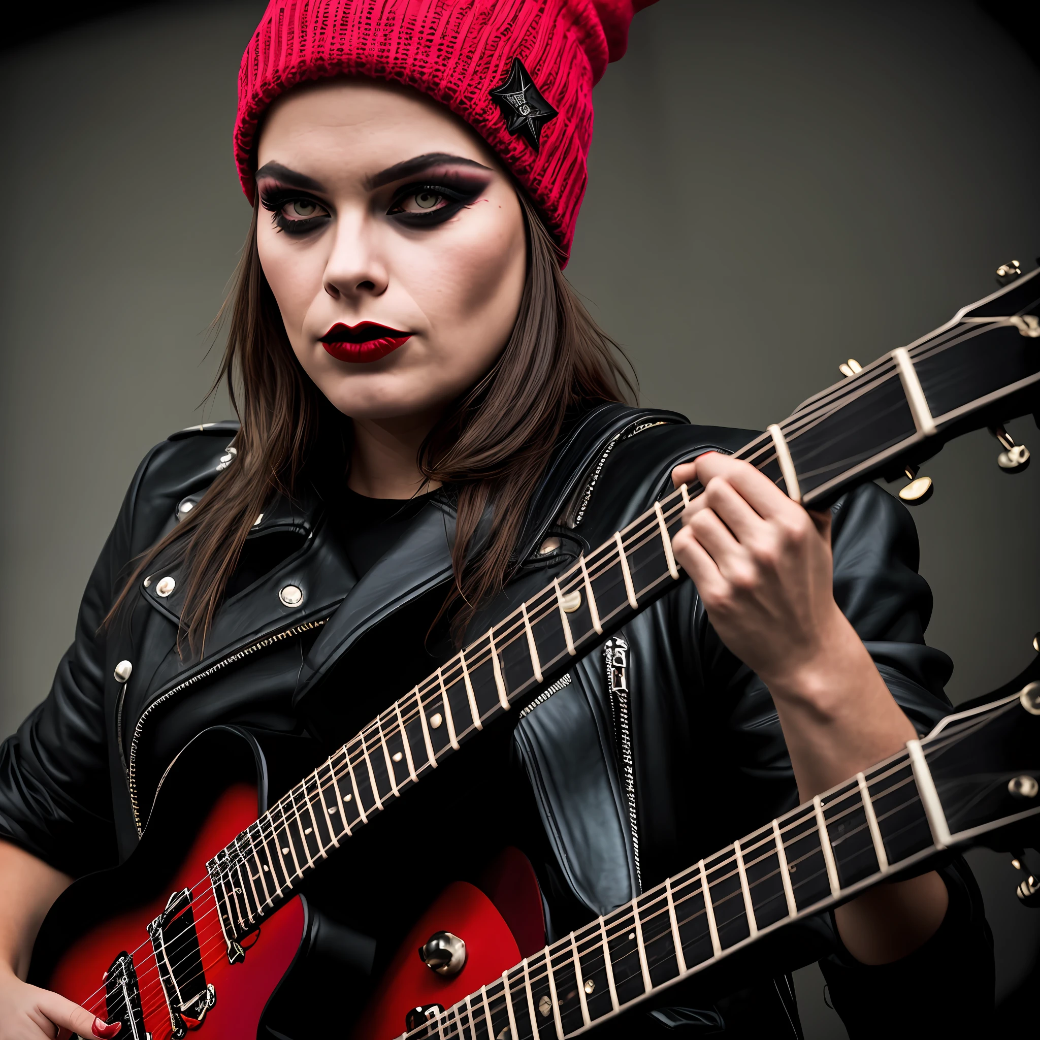 ROCKSTAR 1GIRL at the show with a red horned beanie Gothic face playing guitar and wearing gothic clothes, Close-up, realista, fotorrealista, luzes de neon, crowd, profundidade de campo, rock anos 80, Punk rock