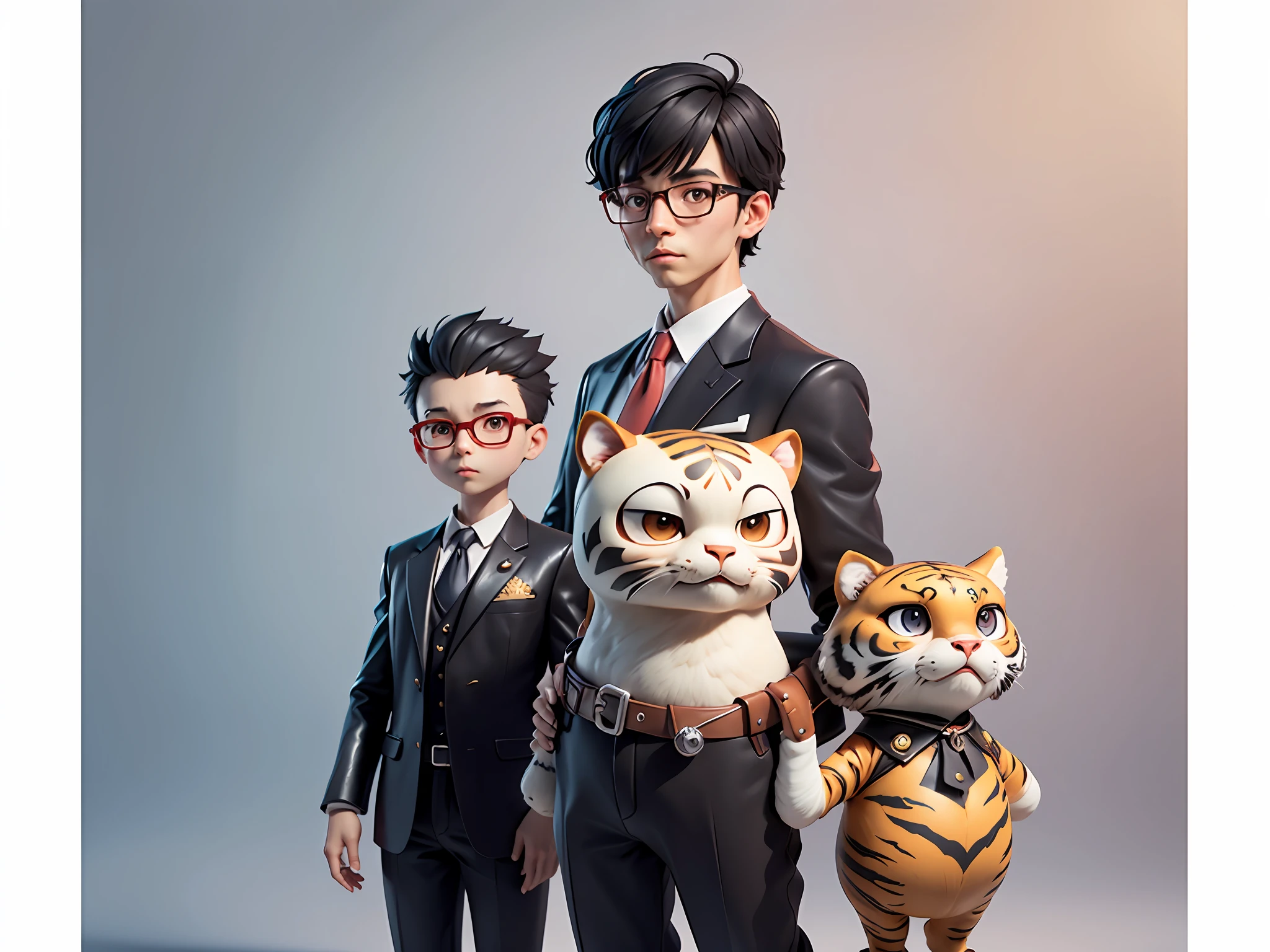 Young man with oriental face in leather hat, tiger, oriental face in formal suit, short black hair, silver glasses, digital painting, 3D character design by Mark Clairedon and Pixar and Hayao Miyazaki and Akira Toriyama, the illustration is a high-definition illustration in 4K resolution with very detailed facial features and cartoon-style visuals.