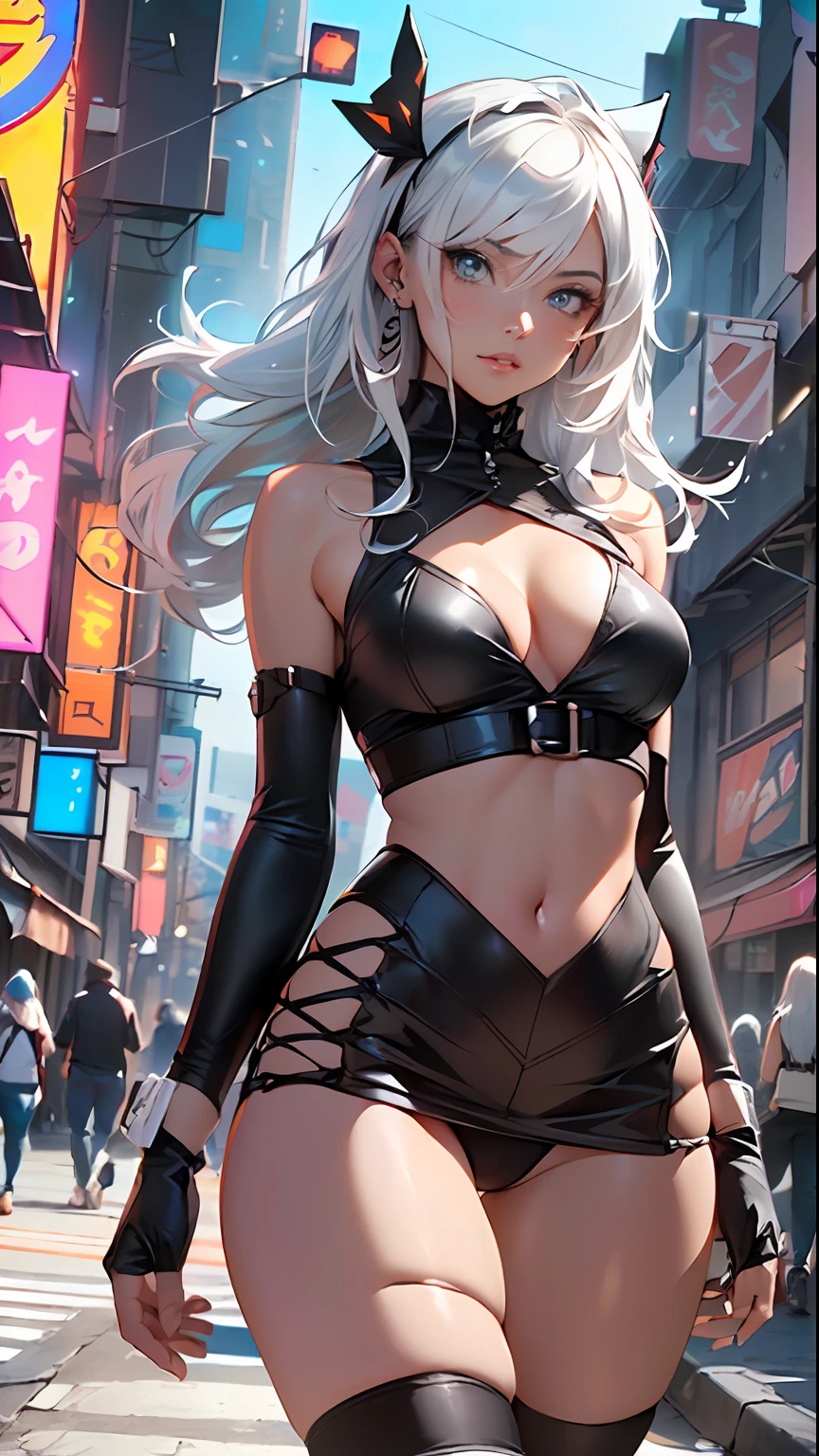 girl rave,(1girl:1.3),((anime girl with extremely cute and beautiful white hair walking seductively down the street)),

(large breasts:1.4),saggy breasts,(((white hair:1.35, straight hair, long hair:1.4, colored inner hair,ear breathing))),((very light yellow eyes:1.3,upturned eyes:1.3,perfect eyes,beautiful detailed eyes,rainbow glows ultra-detailed deep white yellow eyes:1.1,gradient eyes:1,finely detailed beautiful eyes:1,symmetrical eyes:1,big highlight on eyes:1.2)),(fat:1.2),((((black skin, dark-skinned_female, dark skin:1.3, ebony skin,lustrous skin:1.5,bright skin: 1.5,shiny skin,very shiny skin,shiny body,plastic glitter skin,exaggerated shiny skin))),(spider lower abdomen,narrow waist,wide hip,athletic body,inflated legs,delicate detailed fingers,detailed body,detailed arms,human hands, detailed hands),

cute,slutty,seductive,erotic,nsfw, 


zettai ryouiki,revealing clothing,show skin,((rave shirt with an orange print, rave mini-skirt,visible thong straps)),(wearing a rave outfit:1.3,rave clothes,semi-naked,with little clothing,),(detailed outfit,detailed clothes),

(dynamic pose:1.0),solo focus,tongue sticking out, mischief, ,centered,scale to fit dimensions,Rule of thirds,

outdoors,(cyberpunk Background: 1.5, detailed background:1.25),sunny day, clouds

(Isometric: 1.0),double exposure,(masterpiece,best quality:1.3),(highres:1.5), absurdres,ultra detailed,cinematic light,realistic,ultra-realistic,high contrast,extraordinarily nice,vibrant colors,(intricate),HDR (High Dynamic Range),Ray Tracing,NVIDIA RTX,Super-Resolution,Unreal 5,Subsurface dispersion,PBR texture,Post-processing,Anisotropic filtering,Depth of field,Maximum clarity and sharpness,Multilayer textures,Albedo and specular maps,Surface shading,Accurate simulation of light-material interaction,Octane Render,Two-tone lighting,Wide aperture,Low ISO,White balance,8K RAW,Saturation boost,dark skin,very dark, skindark_skin,