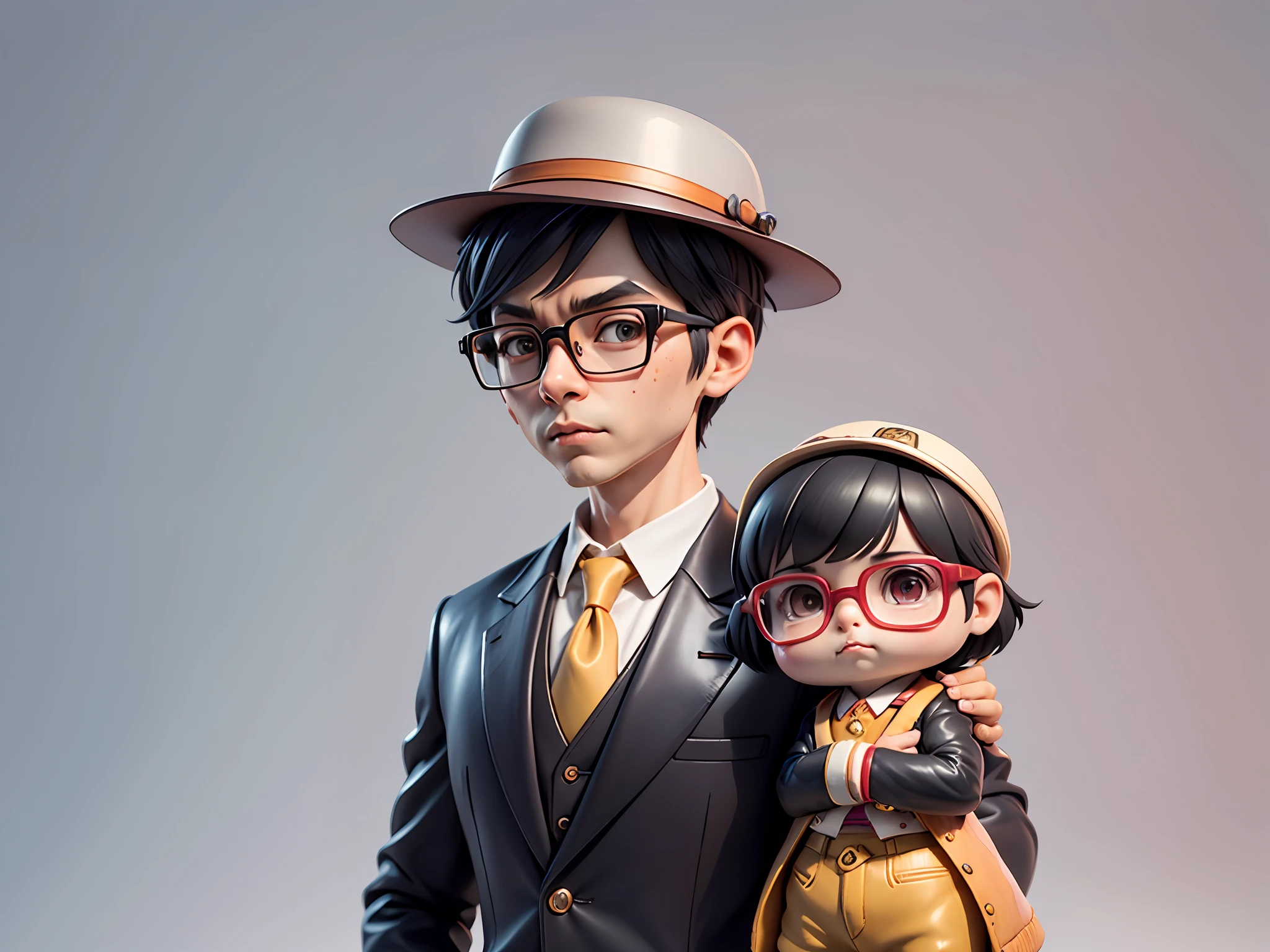 Young man with oriental face in leather hat, tiger, oriental face in formal suit, short black hair, silver glasses, digital painting, 3D character design by Mark Clairedon and Pixar and Hayao Miyazaki and Akira Toriyama, the illustration is a high-definition illustration in 4K resolution with very detailed facial features and cartoon-style visuals.