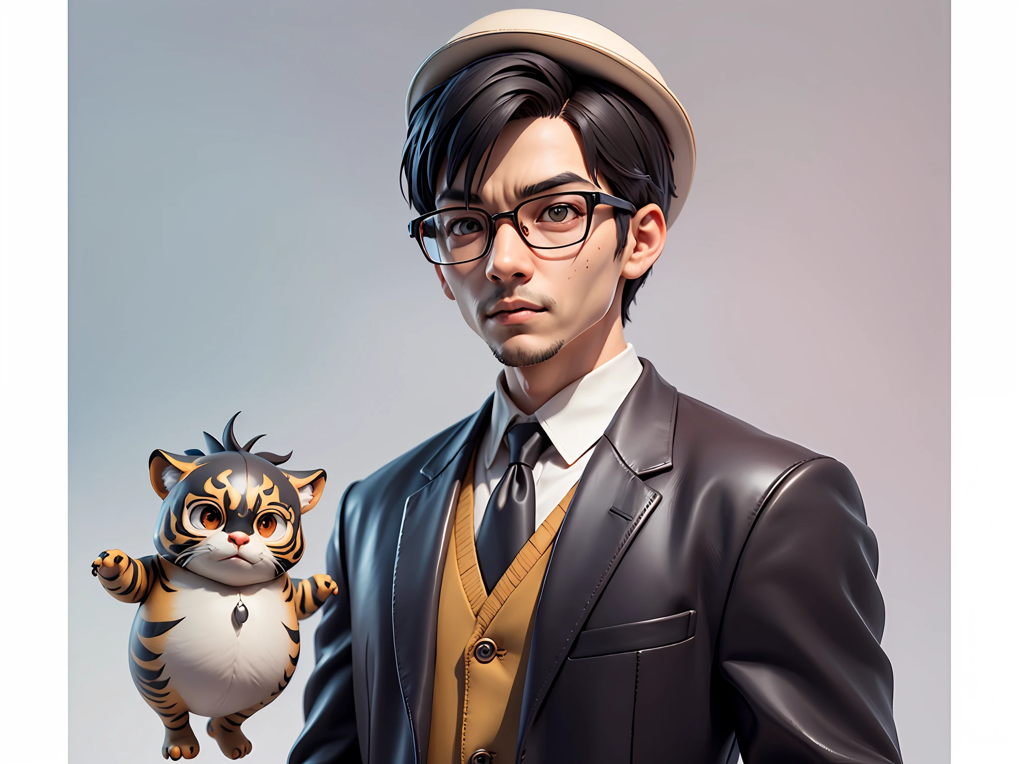 Young man with oriental face in leather hat, tiger, oriental face in formal suit, short black hair, silver glasses, digital painting, 3D character design by Mark Clairedon and Pixar and Hayao Miyazaki and Akira Toriyama, the illustration is a high-definition illustration in 4K resolution with very detailed facial features and cartoon-style visuals.