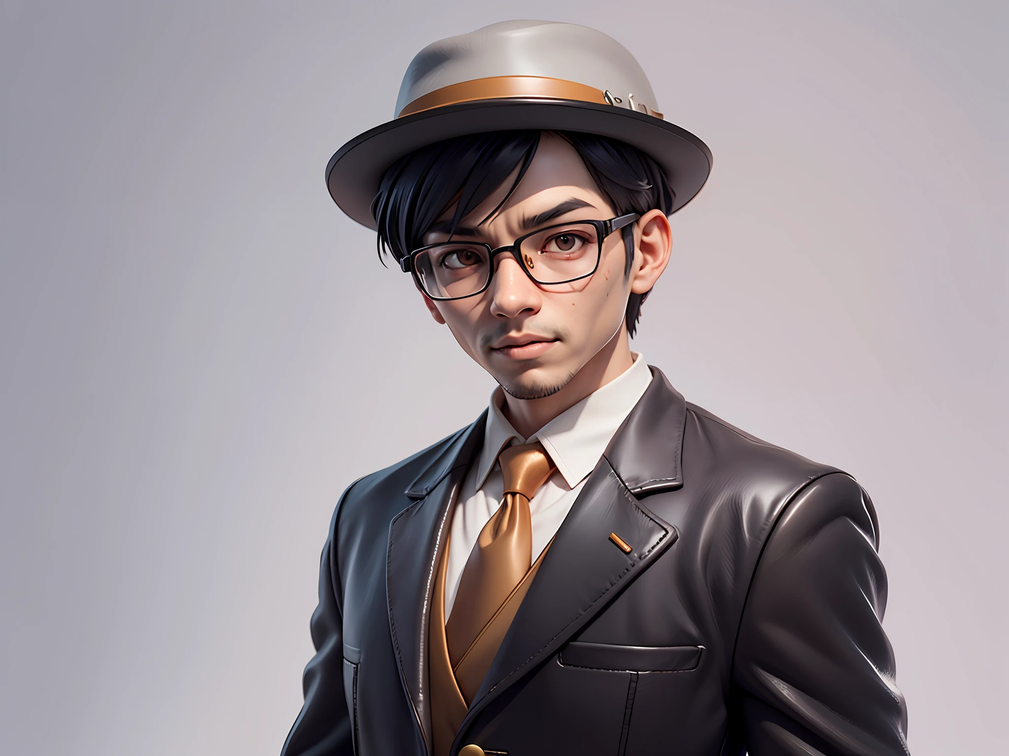 Young man with oriental face in leather hat, tiger, oriental face in formal suit, short black hair, silver glasses, digital painting, 3D character design by Mark Clairedon and Pixar and Hayao Miyazaki and Akira Toriyama, the illustration is a high-definition illustration in 4K resolution with very detailed facial features and cartoon-style visuals.