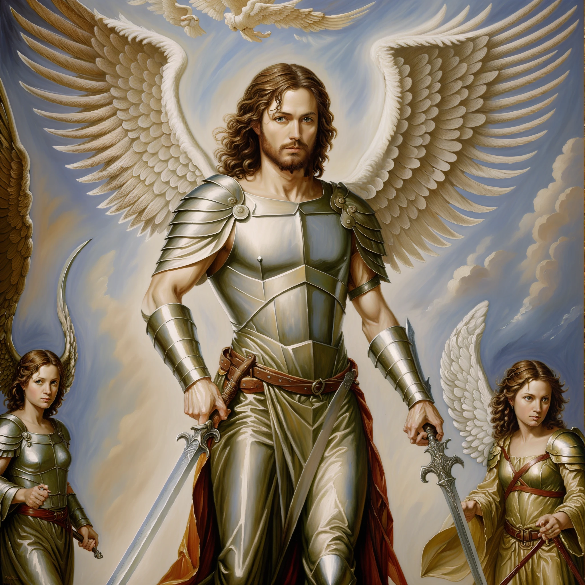 Angel Michael leading the angels in combat, sword. oil painting --auto --s2