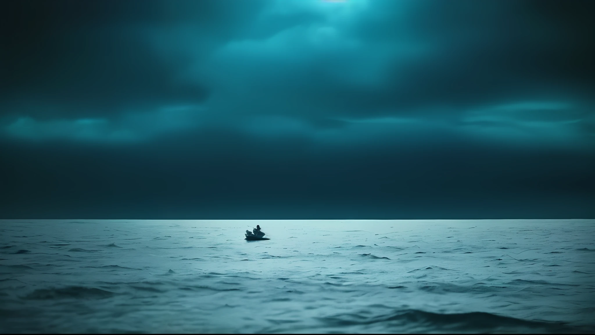 Abyssal Symphony, cinematic, atmospheric, filmed, detailed photo, A person who has abandoned their homeland, desperately crying in a small boat in the middle of the sea, the surroundings dark and cinematic with a blurred background effect, The people look sad, Filmed with a Sony camera