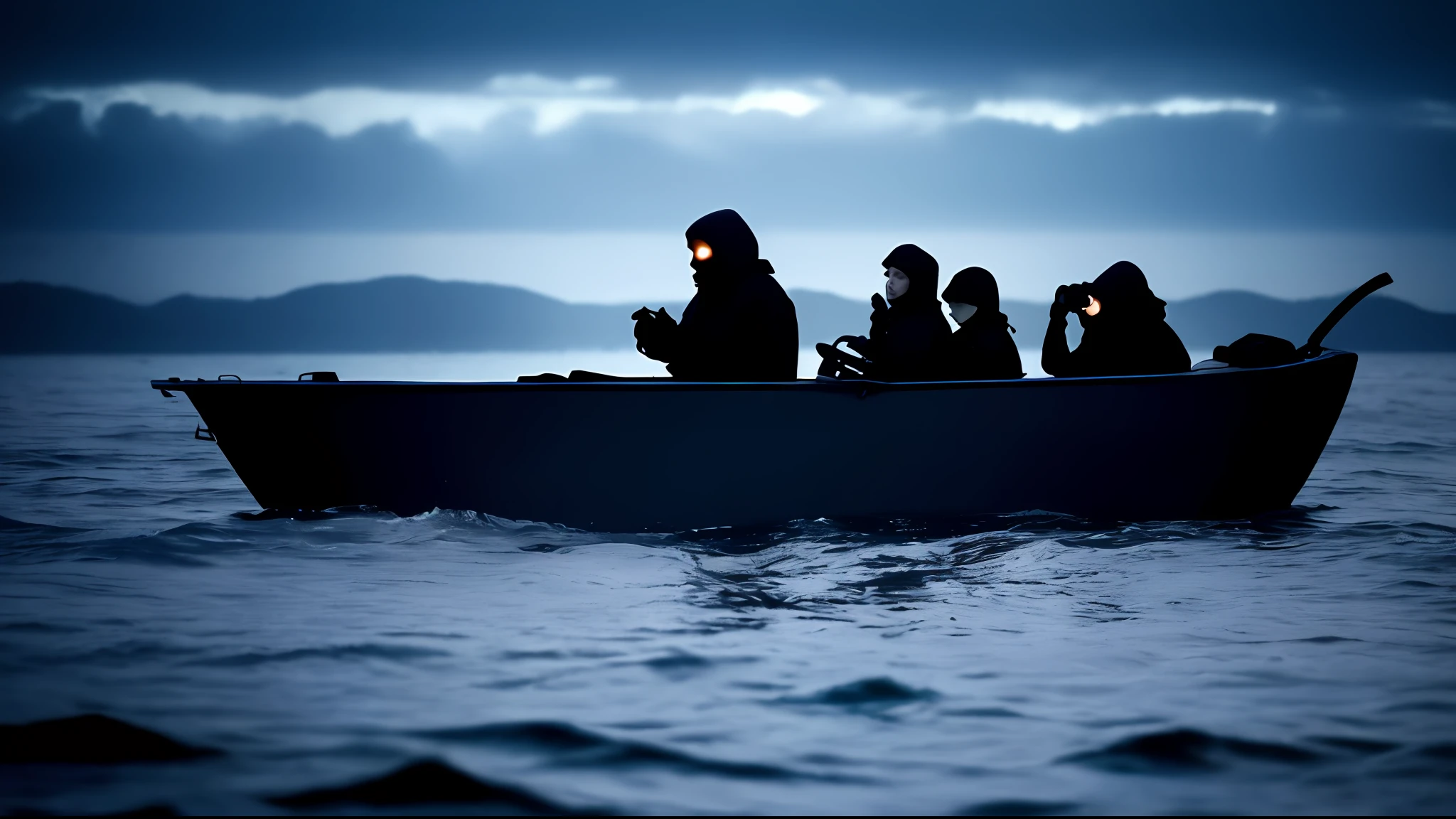 Abyssal Symphony, cinematic, atmospheric, filmed, detailed photo, A person who has abandoned their homeland, desperately crying in a small boat in the middle of the sea, the surroundings dark and cinematic with a blurred background effect, The people look sad, Filmed with a Sony camera