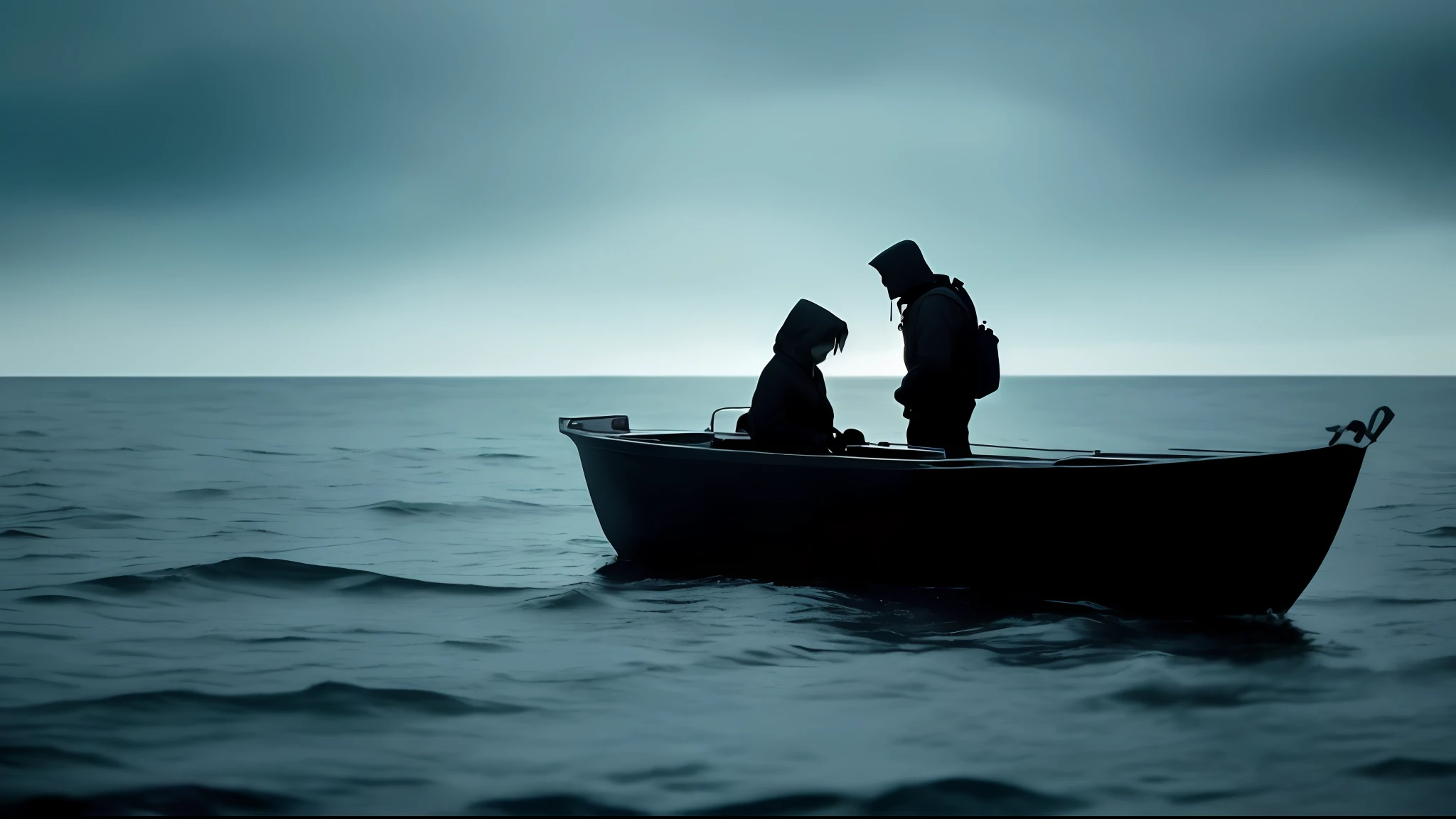 Abyssal Symphony, cinematic, atmospheric, filmed, detailed photo, A person who has abandoned their homeland, desperately crying in a small boat in the middle of the sea, the surroundings dark and cinematic with a blurred background effect, The people look sad, Filmed with a Sony camera