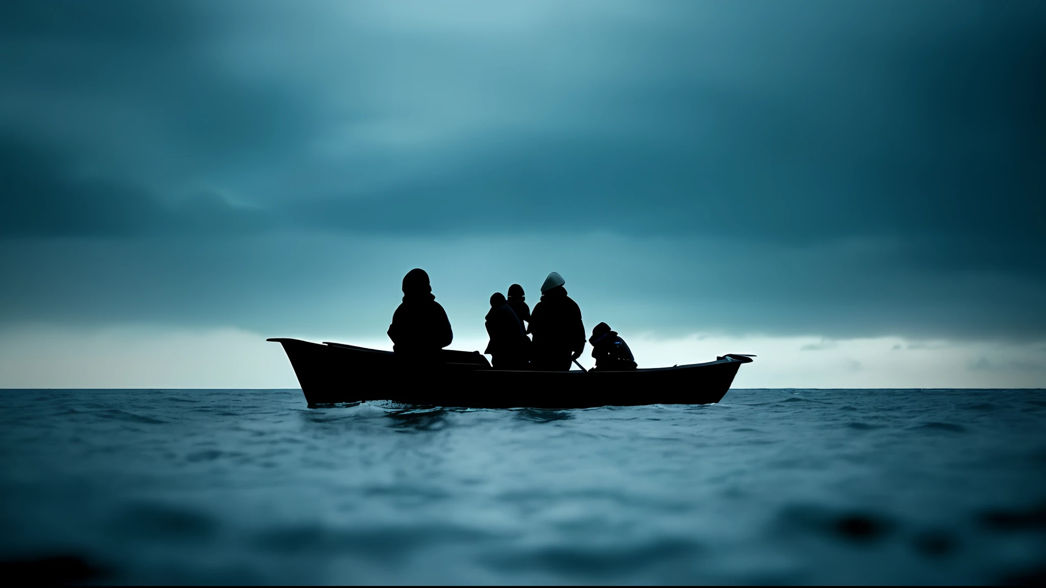 Abyssal Symphony, cinematic, atmospheric, filmed, detailed photo, A person who has abandoned their homeland, desperately crying in a small boat in the middle of the sea, the surroundings dark and cinematic with a blurred background effect, The people look sad, Filmed with a Sony camera